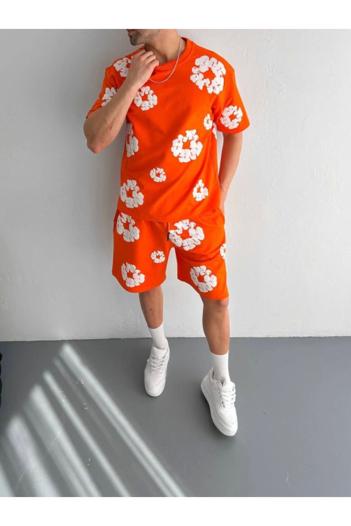 D&M Life Collection İki İplik Kumaş Baskılı T-shirt Şortlu Takım- Turuncu - XL