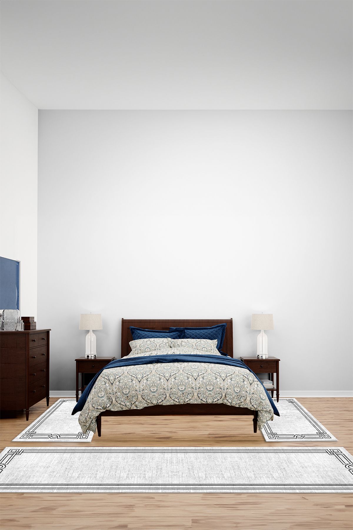 Viyana Home Dijital Kaymaz Yıkanabilir Çerçeveli Sade Üçlü Yatak Odası Takım Halısı, YO-ÇERÇEVELİ-149-BEYAZ,