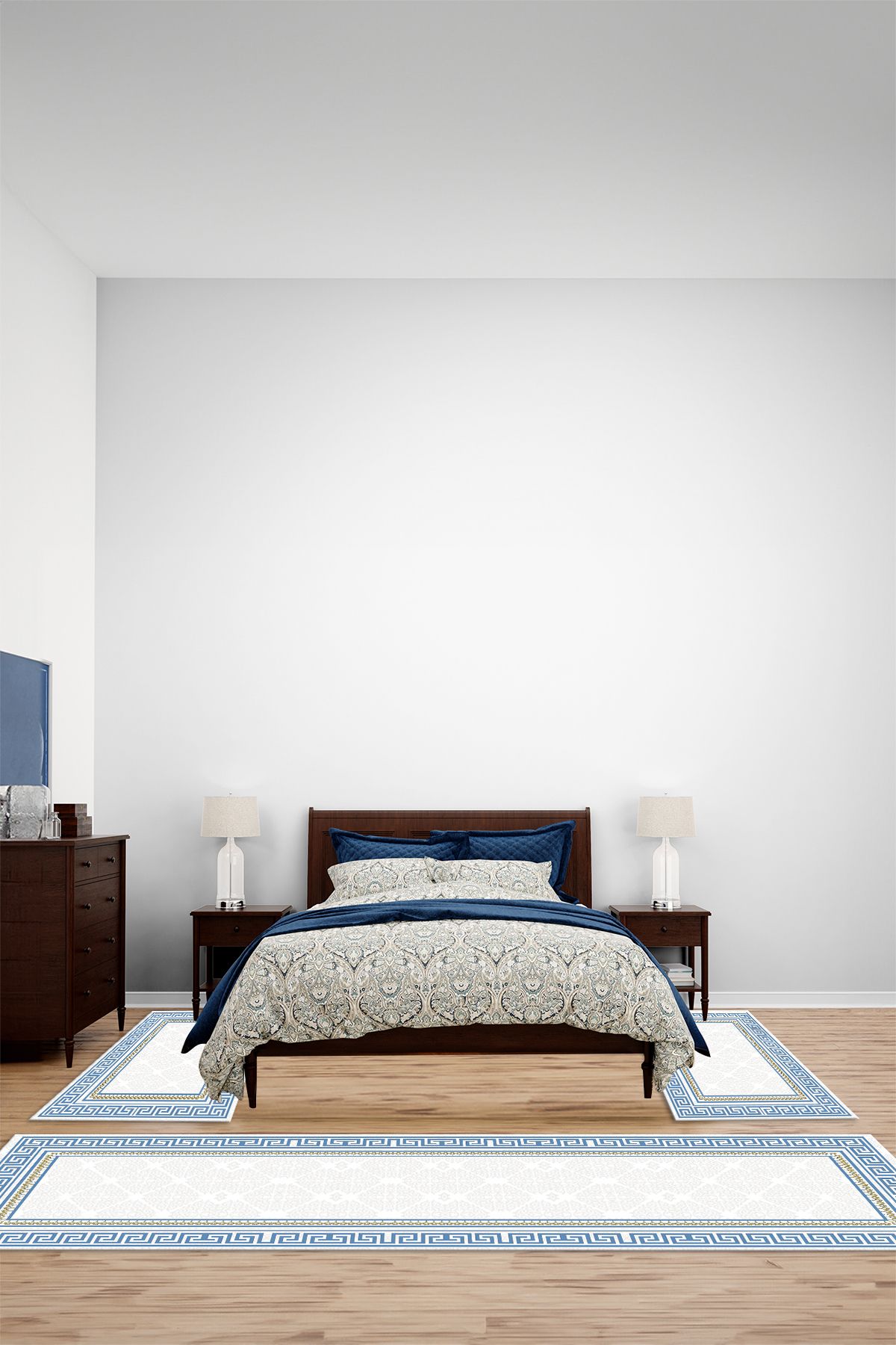 Viyana Home Dijital Kaymaz Yıkanabilir Çerçeveli Detaylı Üçlü Yatak Odası Takım Halısı, YO-ÇERÇEVELİ-163-MAVİ,
