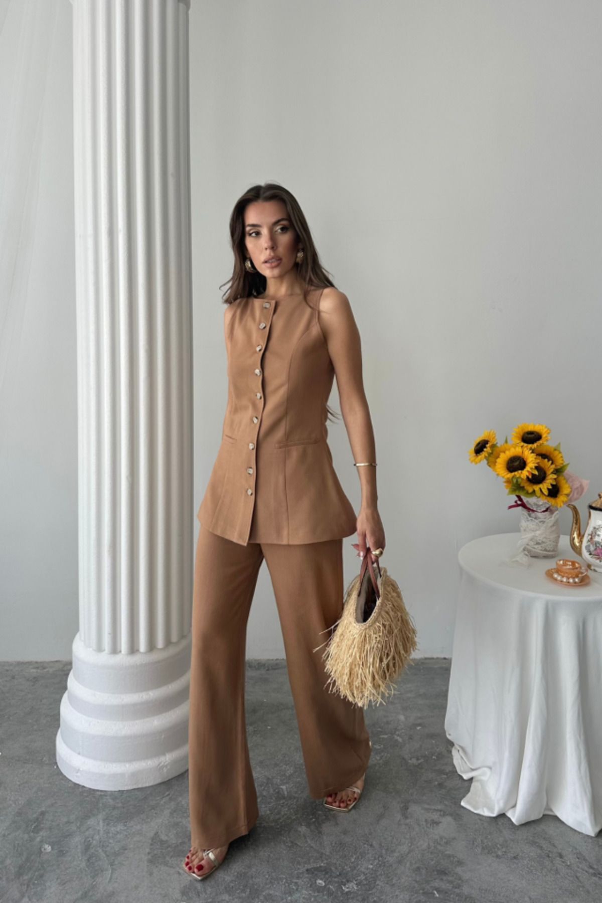 D&M Life Collection KETEN YELEK - PANTOLON TAKIM - Kahverengi