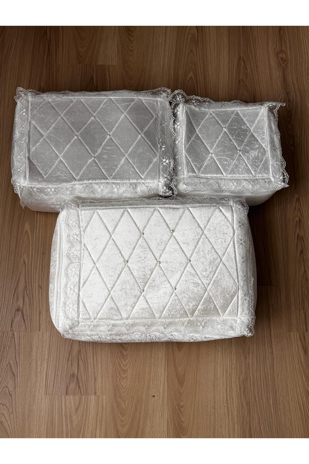 HAYRAN HOME Çeyizlik Kadife Gold Işlemeli 3'lü Krem Bohça Nişan Gelin Damat Hurcu