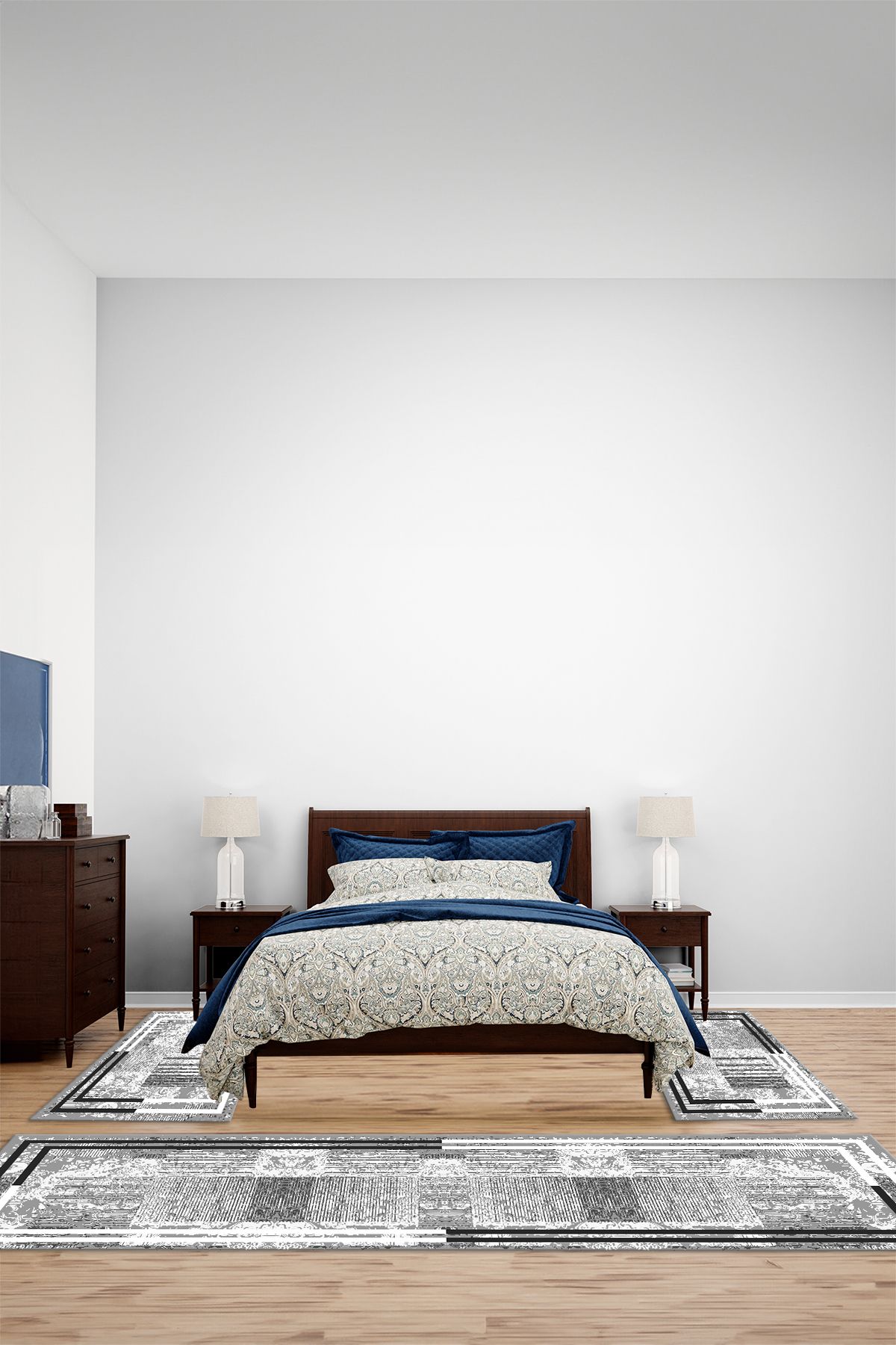 Viyana Home Dijital Kaymaz Yıkanabilir Çerçeveli Üçlü Yatak Odası Takım Halısı, YO-ÇERÇEVELİ-144-GRİ,