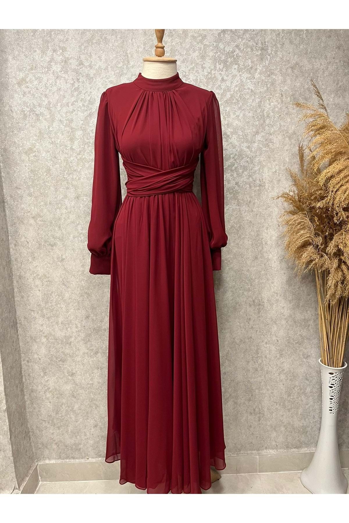 Patisca 25Y9447 ELBİSE ABİYE ŞİFON ÖNÜ ÇAPRAZ BAĞLAMA UZUN BORDO