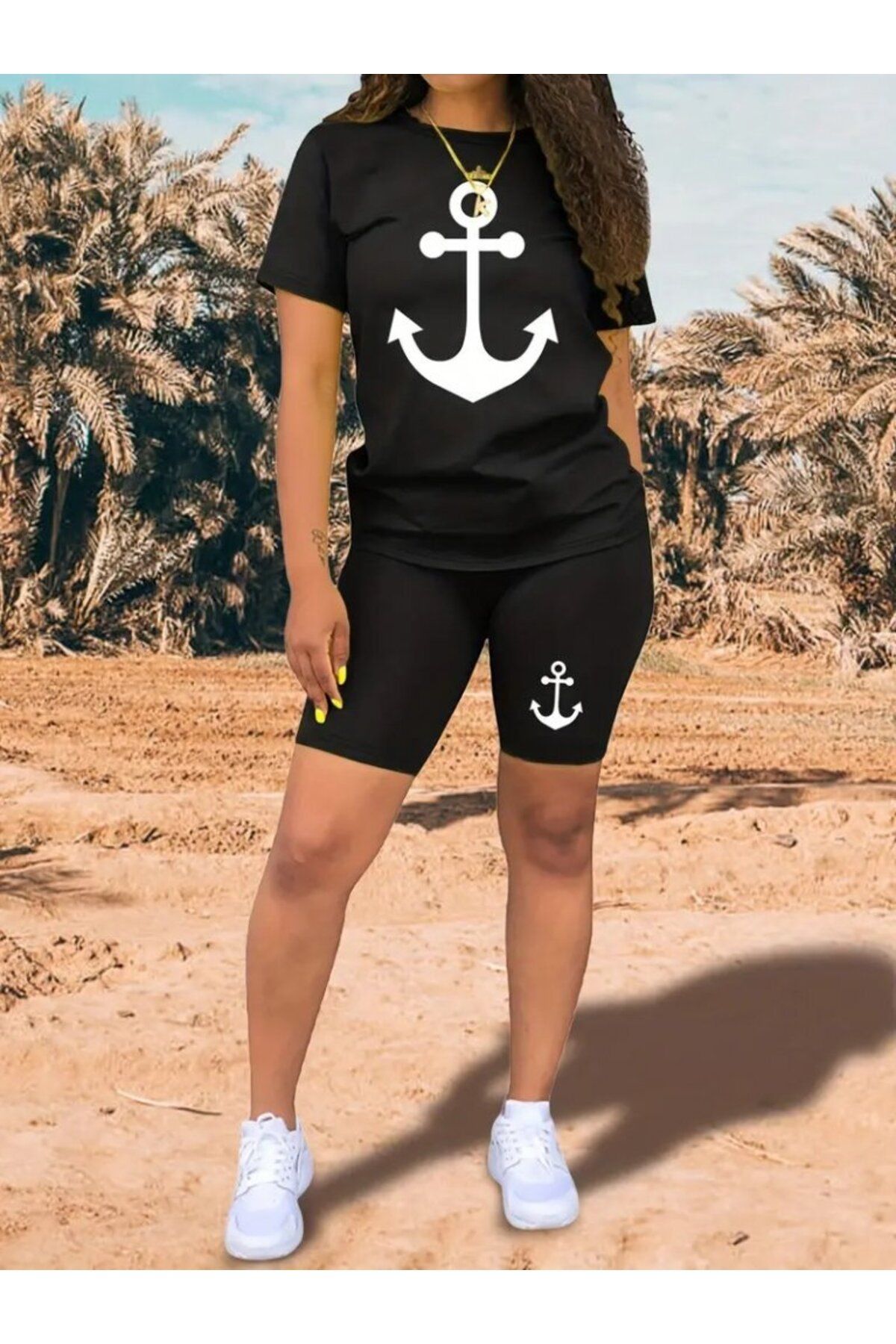 D&M Life Collection Kadın Kısa Kollu çapa Baskılı Viskon Ikili Takım - 2XL-3XL - Siyah