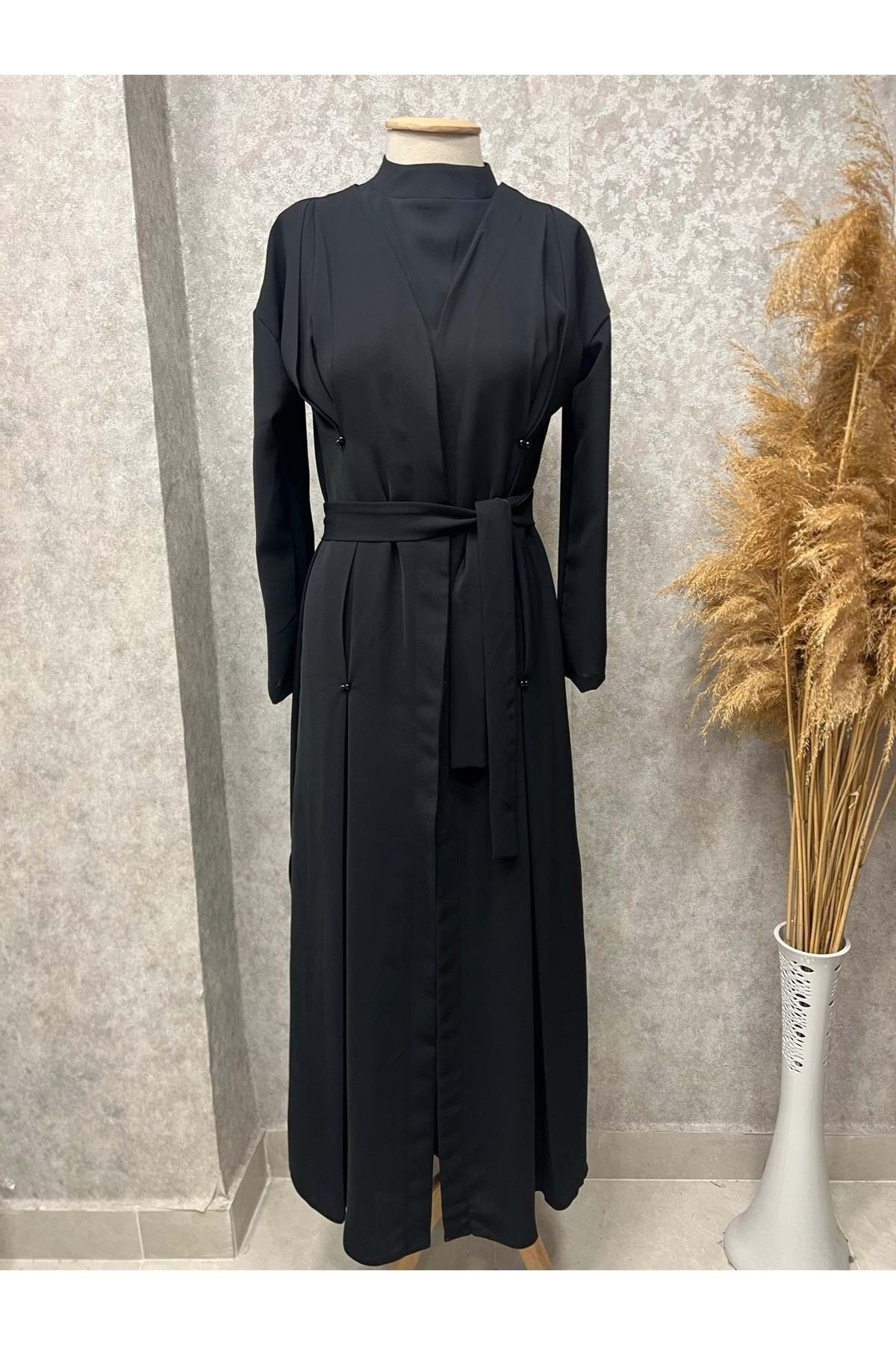 naqshestore 25Y8446 ABAYA İÇLİK TAKIM KOL BONCUK DETAY YAN YIRTMAÇ DETAY SİYAH