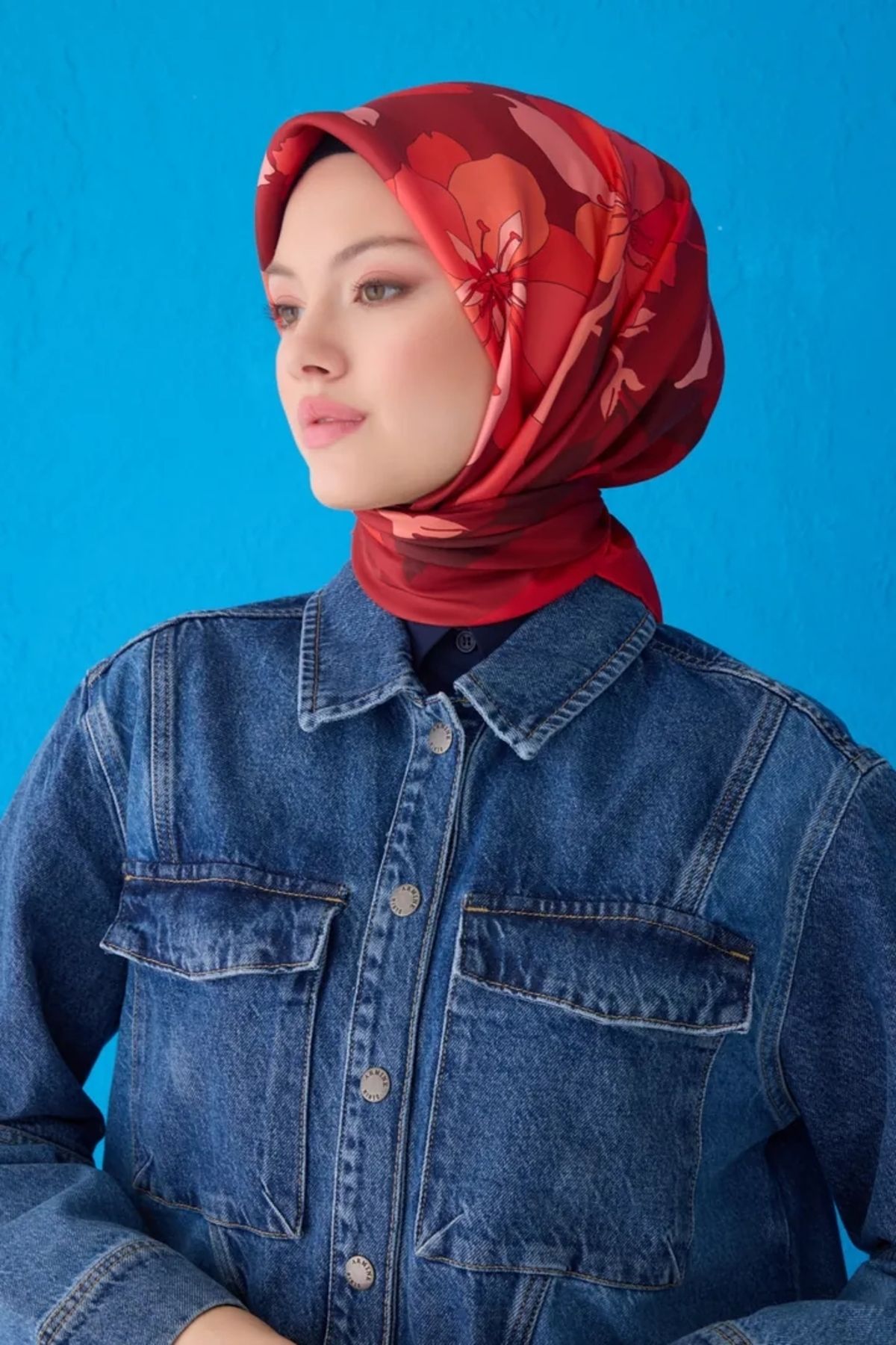 Belli Twill İpek Eşarp 4100D Çiçekli Desen Kırmızı-Bordo-31