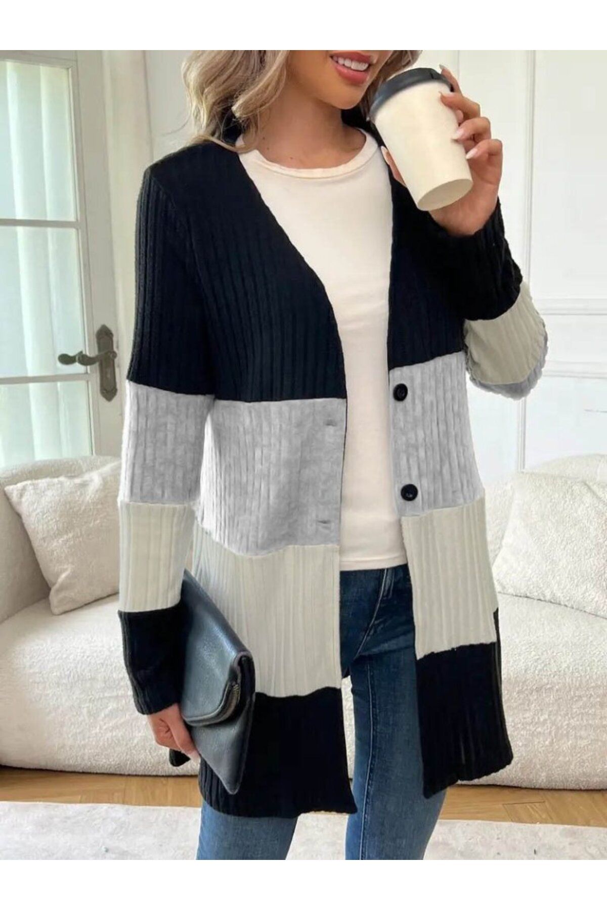 D&M Life Collection Kadın Uzun Kollu çok Renkli önden Düğmeli Uzun Ceket