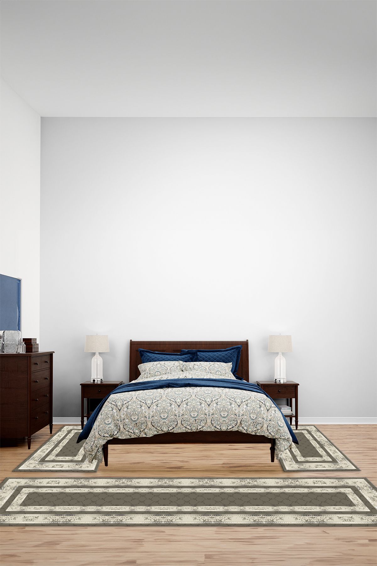 Viyana Home Dijital Kaymaz Yıkanabilir Çerçeveli Çiçek Üçlü Yatak Odası Takım Halısı, YO-ÇERÇEVELİ-199-BEJ,