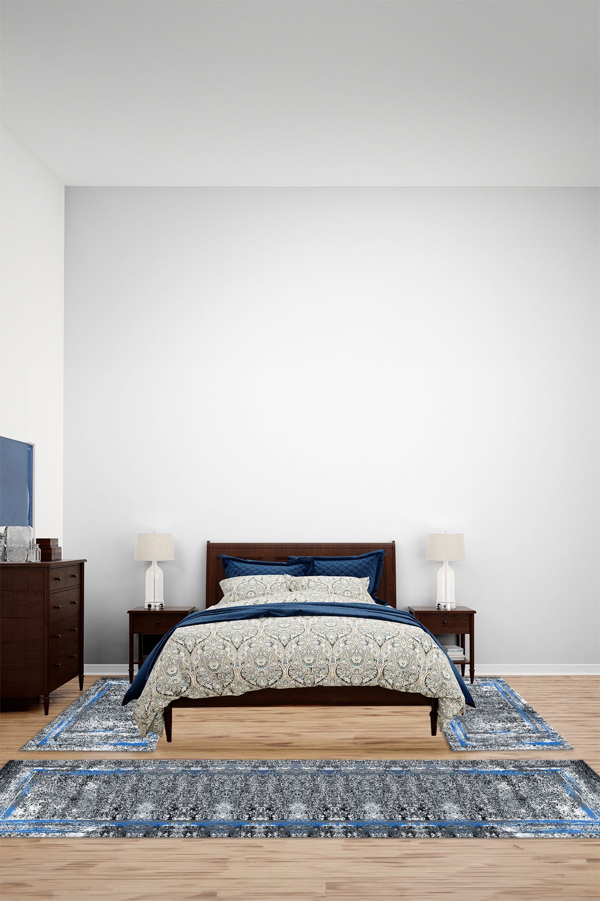 Viyana Home Dijital Kaymaz Yıkanabilir Çerçeveli Kenar Üçlü Yatak Odası Takım Halısı, YO-ÇERÇEVELİ-178-MAVİ,
