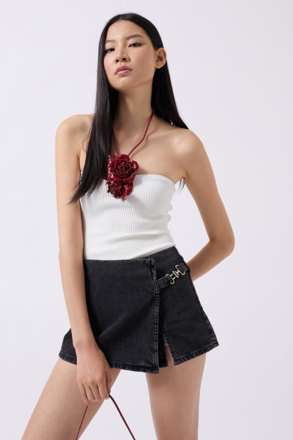 D&M Life Collection Kemer Detay Denim Şort Etek - 38 - Siyah