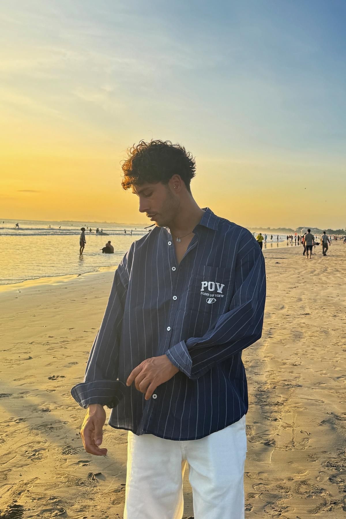 Flaw Wear Point Of View Nakışlı Çizgili Lacivert Oversize Gömlek