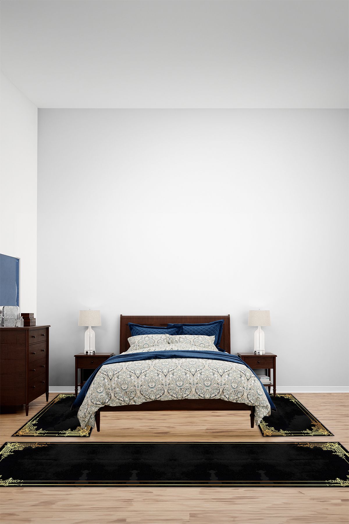 Viyana Home Dijital Kaymaz Yıkanabilir Çerçeveli Desen Üçlü Yatak Odası Takım Halısı, YO-ÇERÇEVELİ-189-SİYAH,