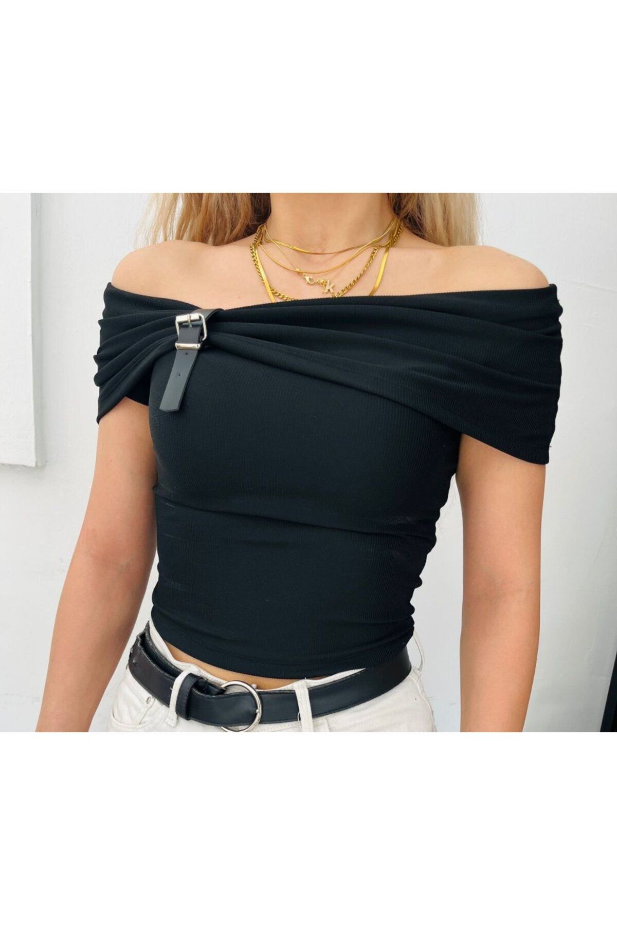 D&M Life Collection Kadın Madonna Yaka Deri Toka Detay Ottoman Kumaş Bluz