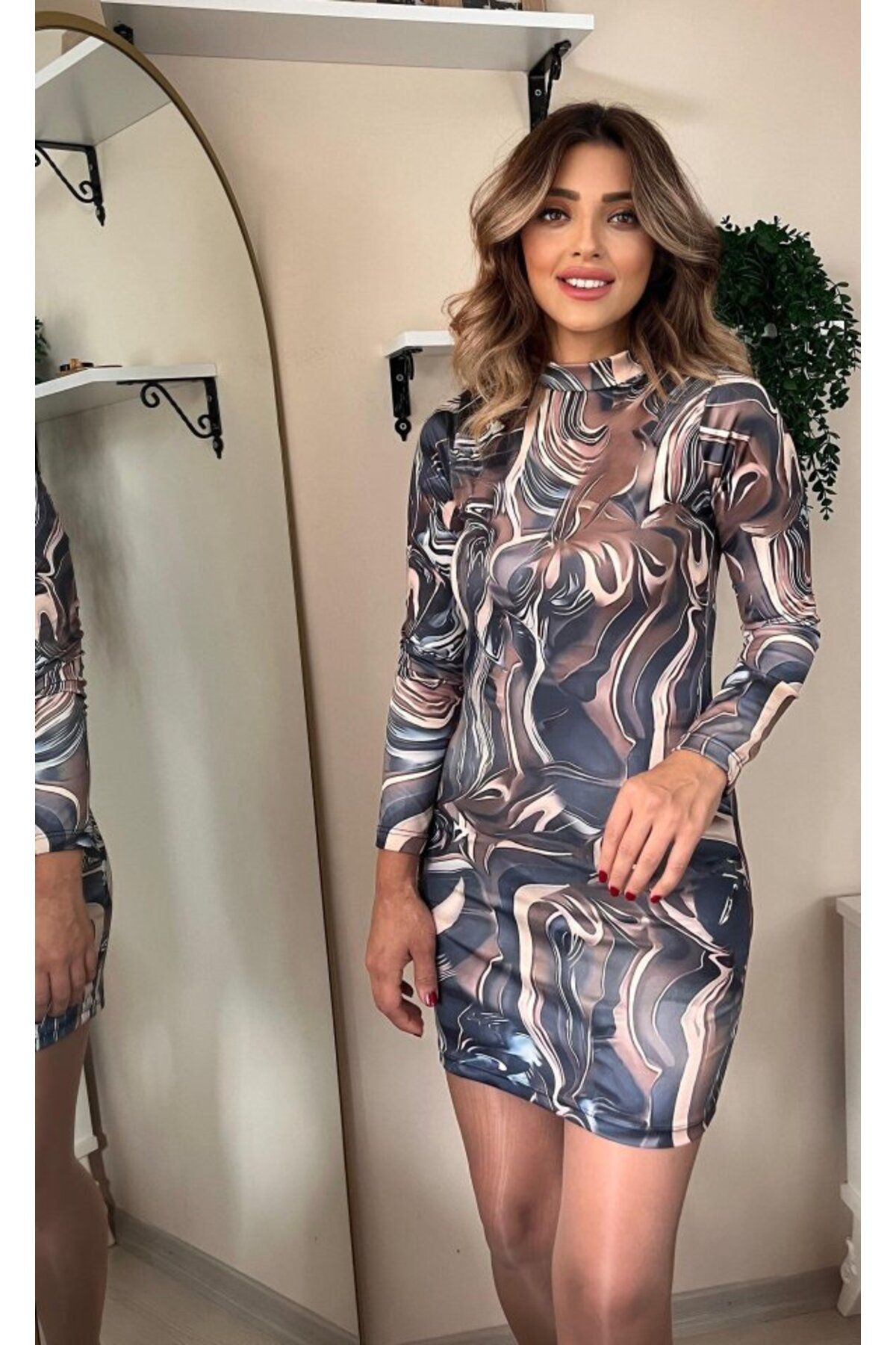 D&M Life Collection Kadın Uzun Kollu Balıkçı Yaka Desenli Dalgıç Elbise - L-XL - Desenli