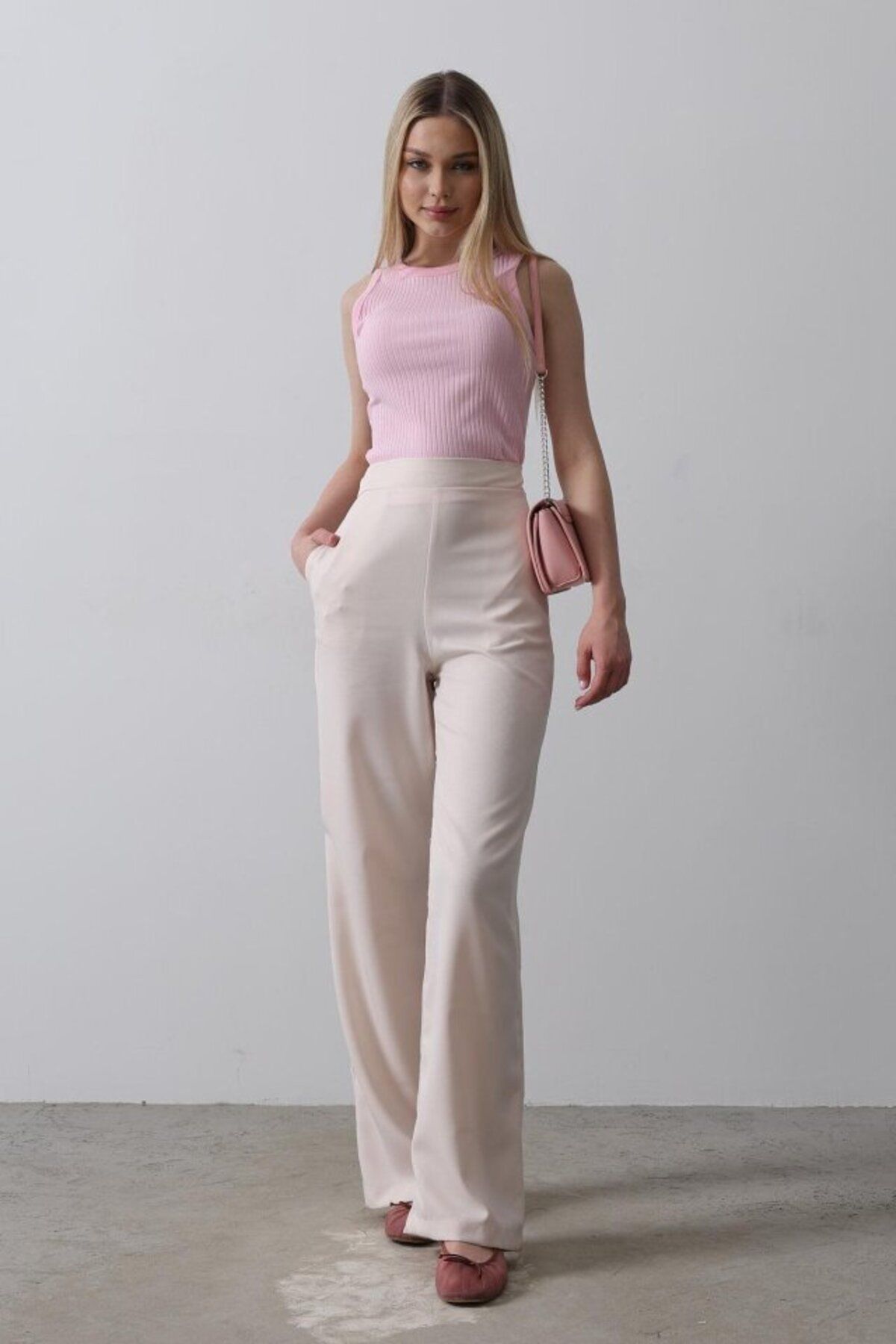 D&M Life Collection Beli Yarım Lastikli Palazzo Pantolon - Pudra - M