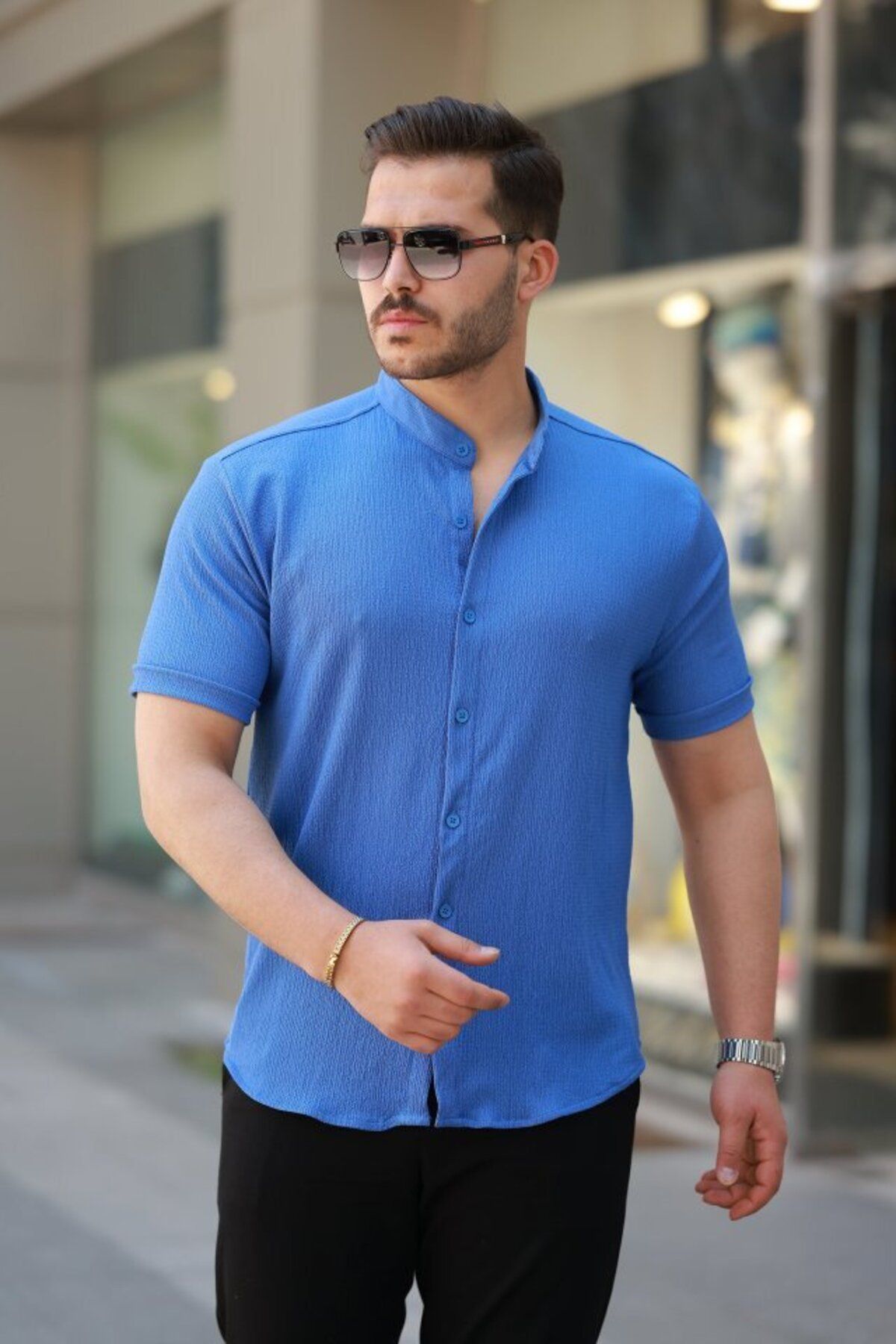 D&M Life Collection Erkek Hakim Yaka Kısa Kollu Gömlek - L - Mavi