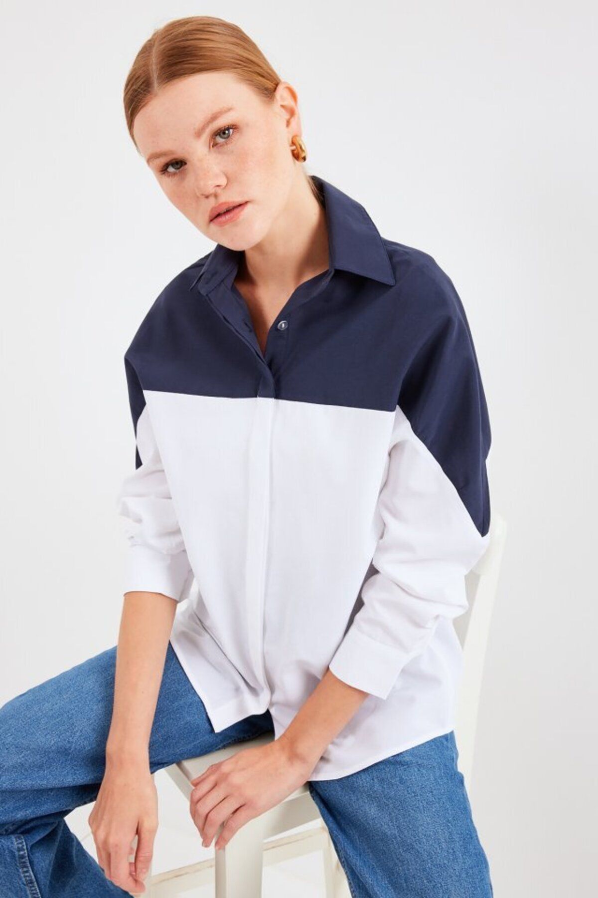 D&M Life Collection 20221 Blok Renkli Oversize Gömlek - Lacivert