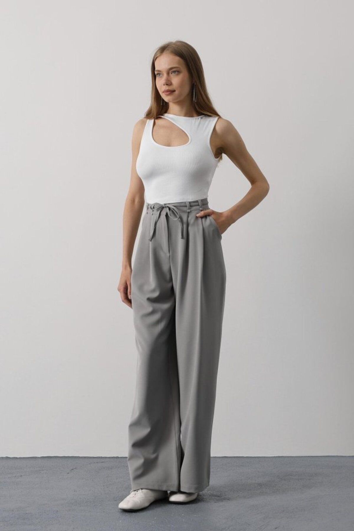 D&M Life Collection Pileli Bağcıklı Oversize Pantolon - Gri