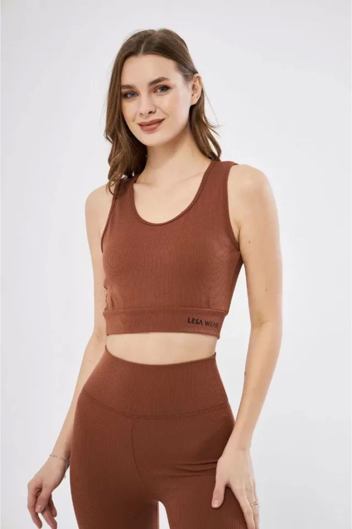 Omarı Kadın Fitilli Desenli Crop Üst - Kahve