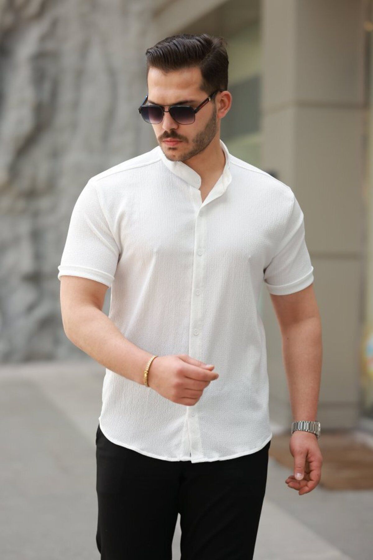 D&M Life Collection Erkek Hakim Yaka Kısa Kollu Gömlek - XL - Beyaz