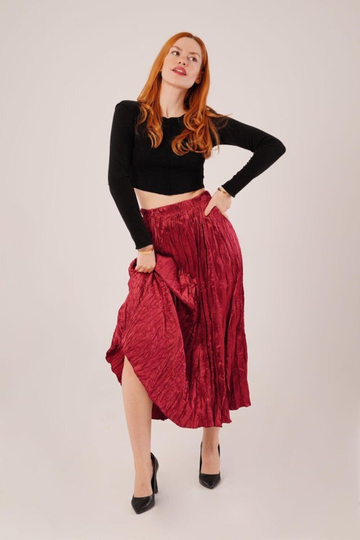 D&M Life Collection Midi Boy Pileli Saten Bordo Etek