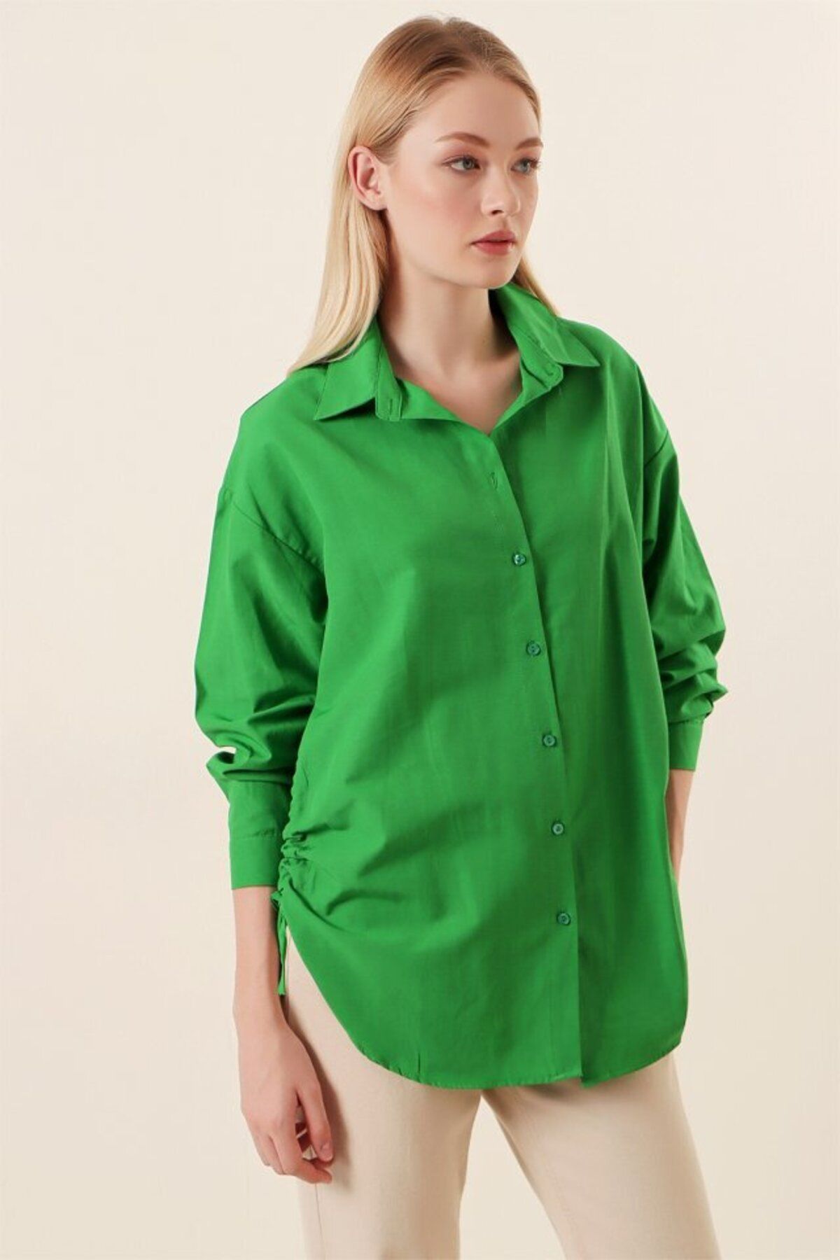 D&M Life Collection 20132 İp Büzgülü Oversize Gömlek - Yeşil - 40 - Yeşil