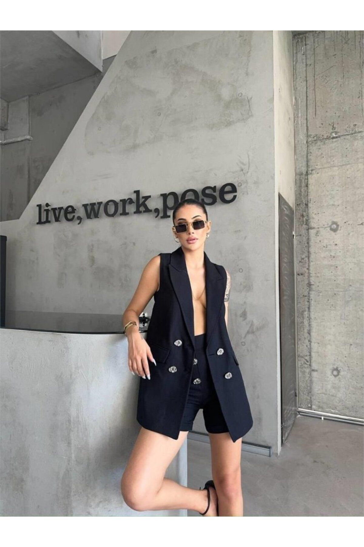 D&M Life Collection KETEN YELEK - ŞORT TAKIM - Siyah - M