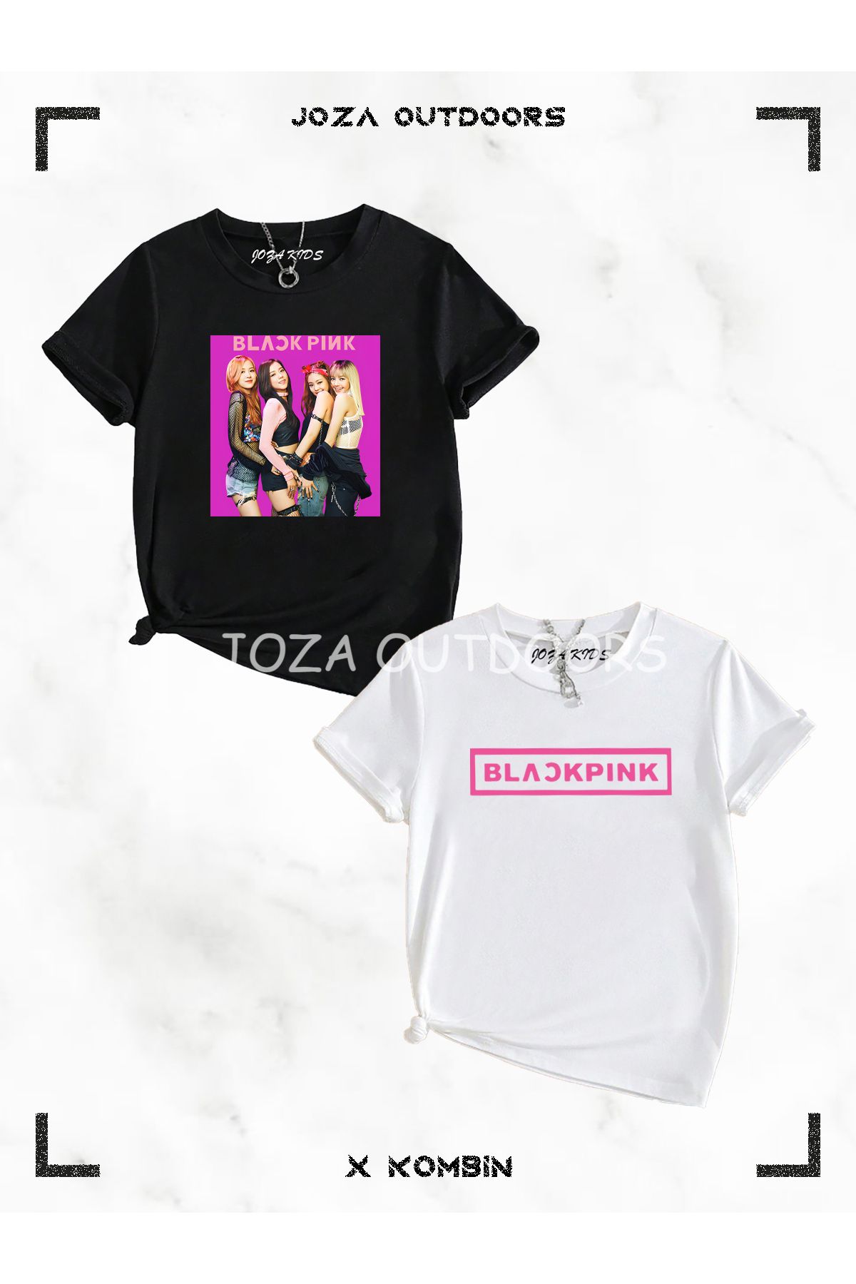 Jobia Outdoors Kız BlackPink Baskılı Çocuk 2'li Siyah Beyaz T-shirt Set Takım