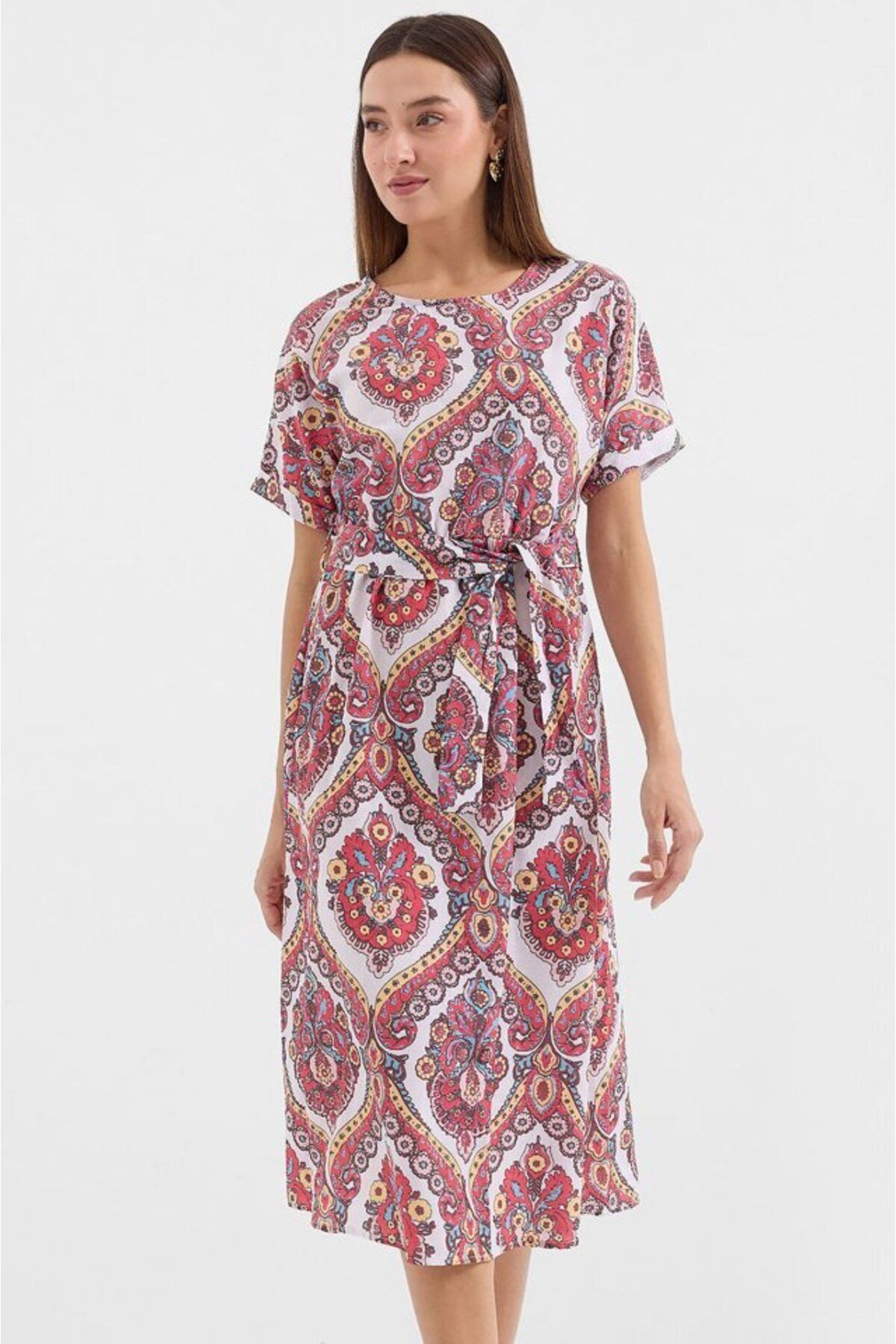 D&M Life Collection 2389 Kemerli Keten Elbise - Nar