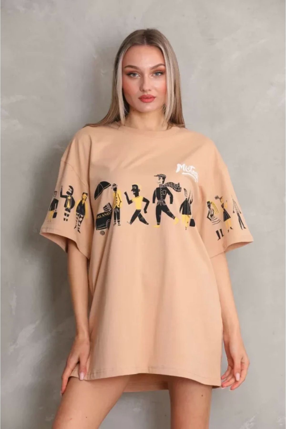 Omarı Bisiklet Desenli Oversize T-Shirt - Bej