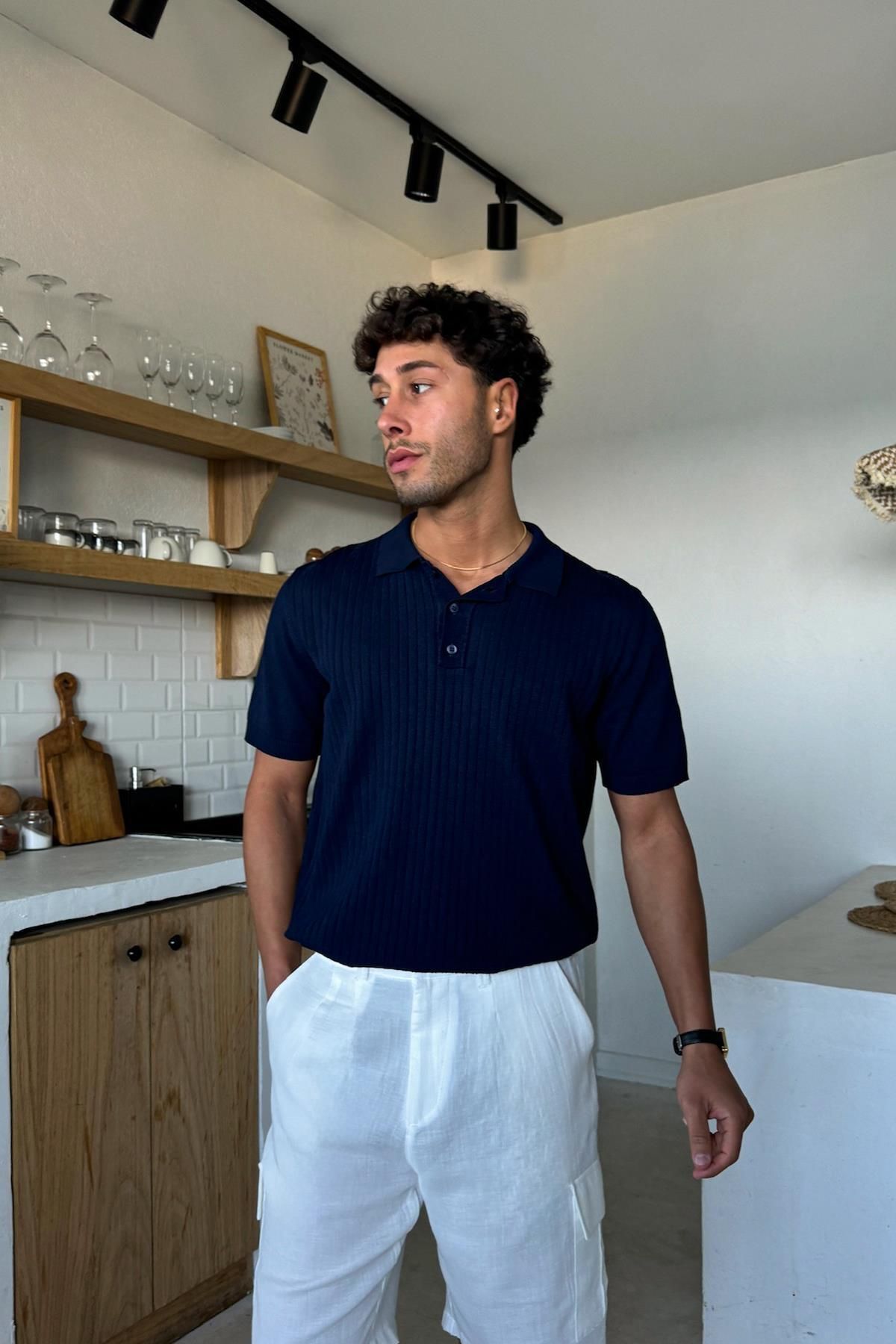 Flaw Wear Polo Yaka Çizgi Desenli Lacivert Triko Regular Tişört