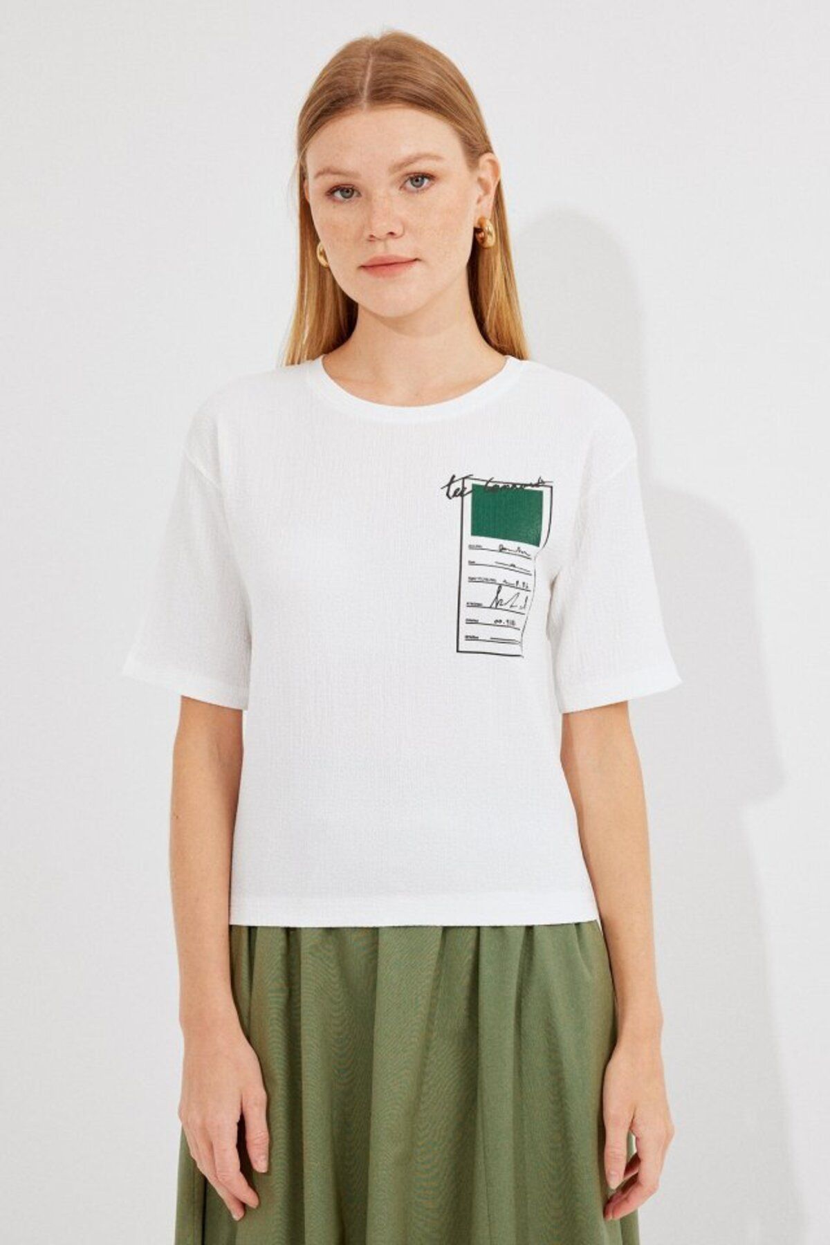 D&M Life Collection 911 Baskılı Örme Basic Tişört - Yeşil - 40 - Yeşil