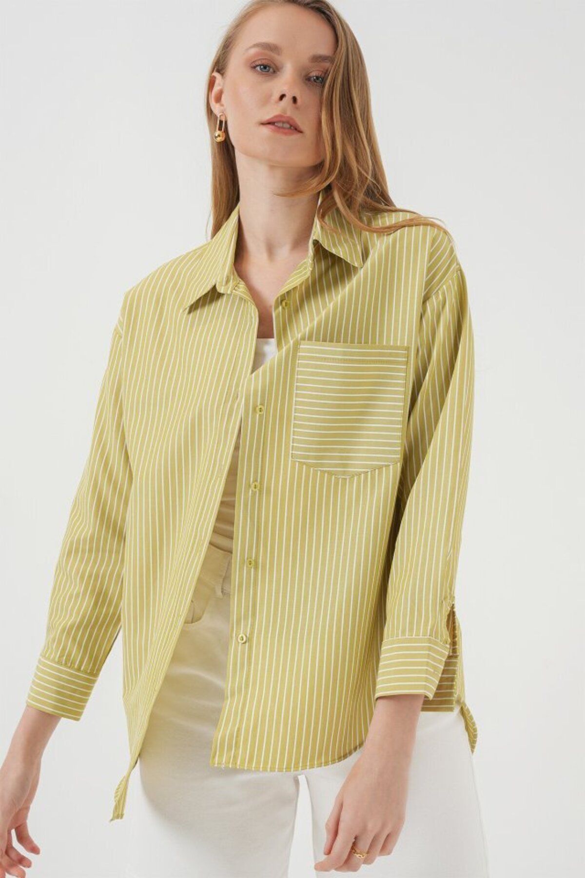 D&M Life Collection 20205 Çizgili Oversize Gömlek - Yağ Yeşil - 40