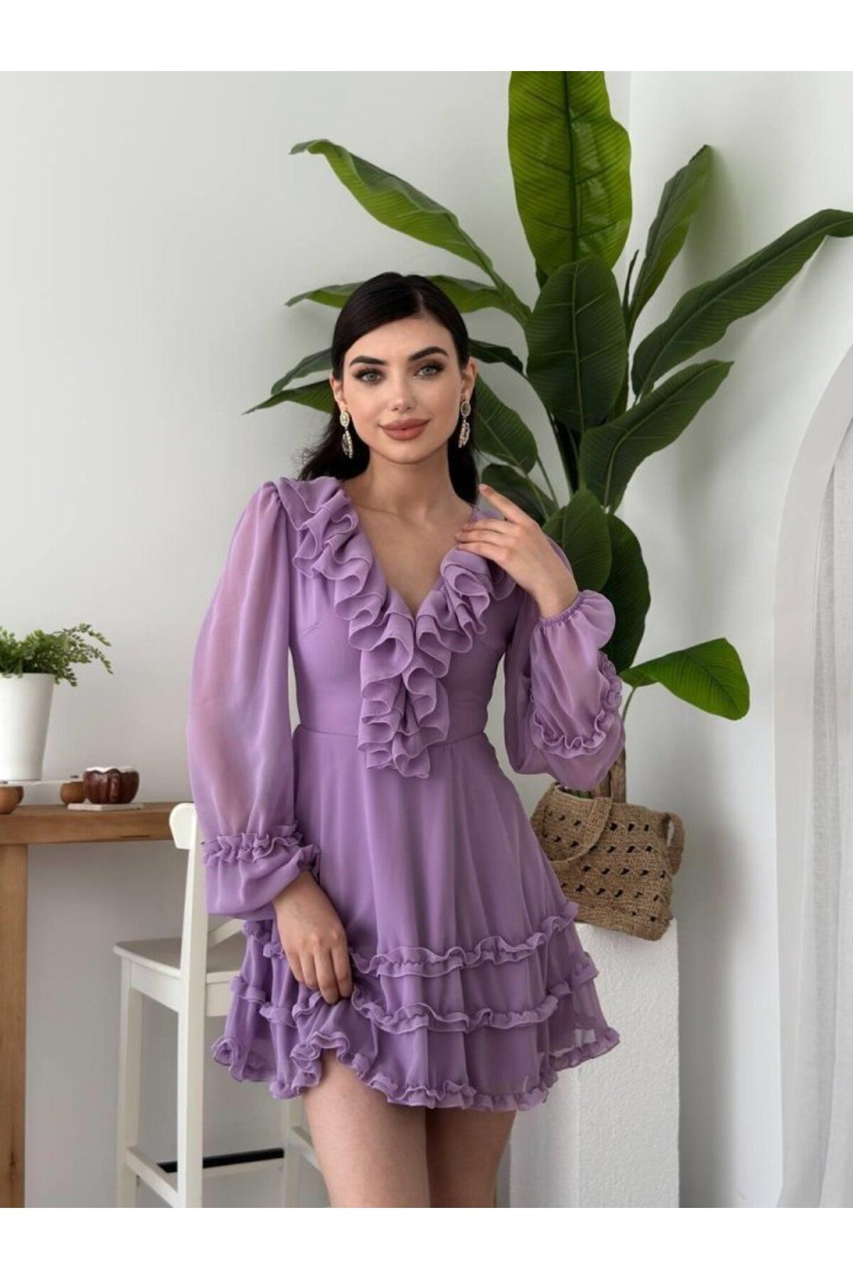 D&M Life Collection Osıes Fırfırlı Elbise - M - Lila