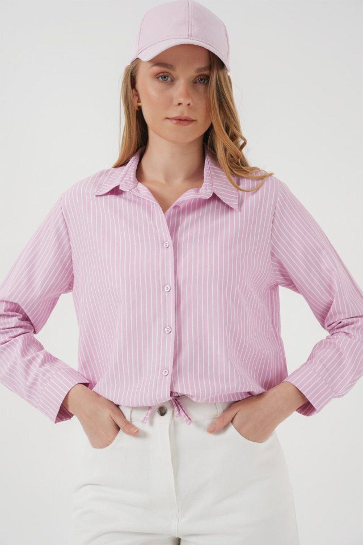 D&M Life Collection 20276 Uzun Kol Çizgili Gömlek - Pembe - 44