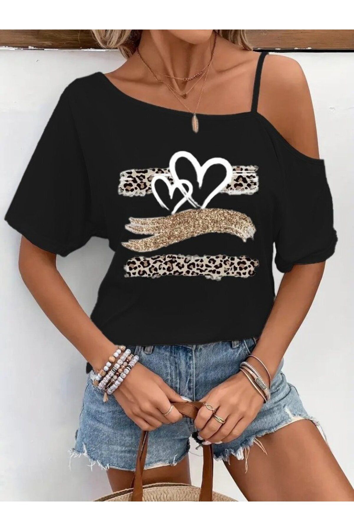 D&M Life Collection Kadın Tek Omuzu Açık Ip Askılı Baskılı Viskon Bluz - 2XL-3XL - Siyah
