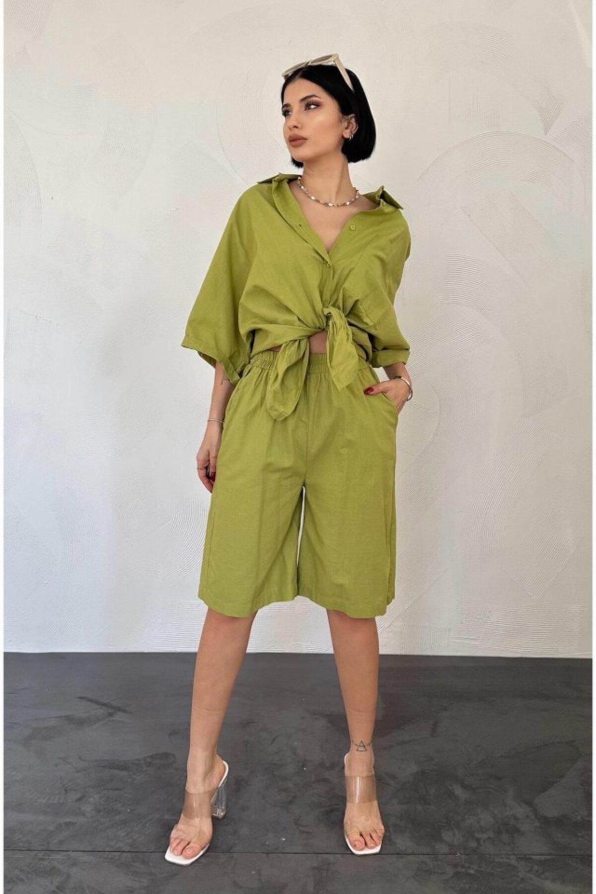 D&M Life Collection Yağ Yeşili Kısa Kollu Keten Gömlek Ve Şort Takım