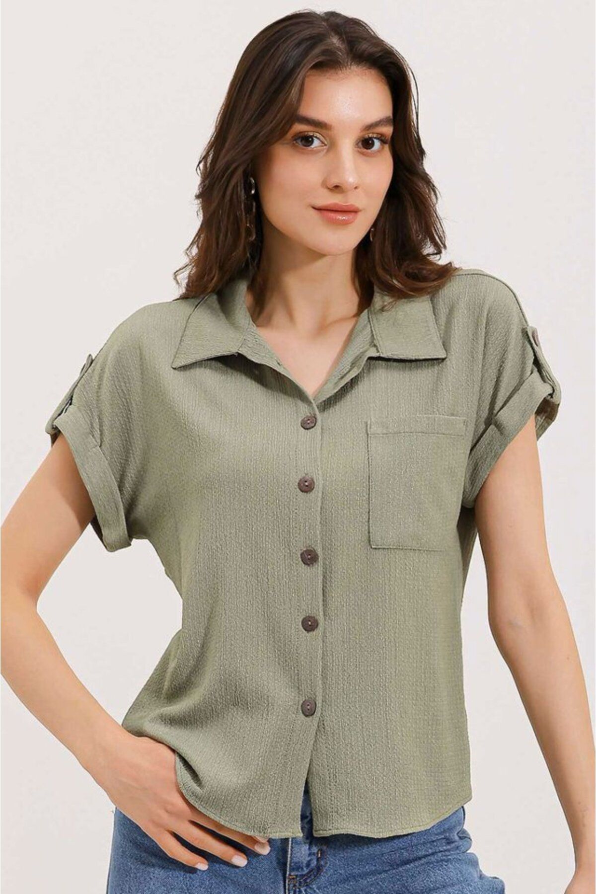 D&M Life Collection 20187 Kısa Kol Oversize Örme Gömlek - Çağla - 42