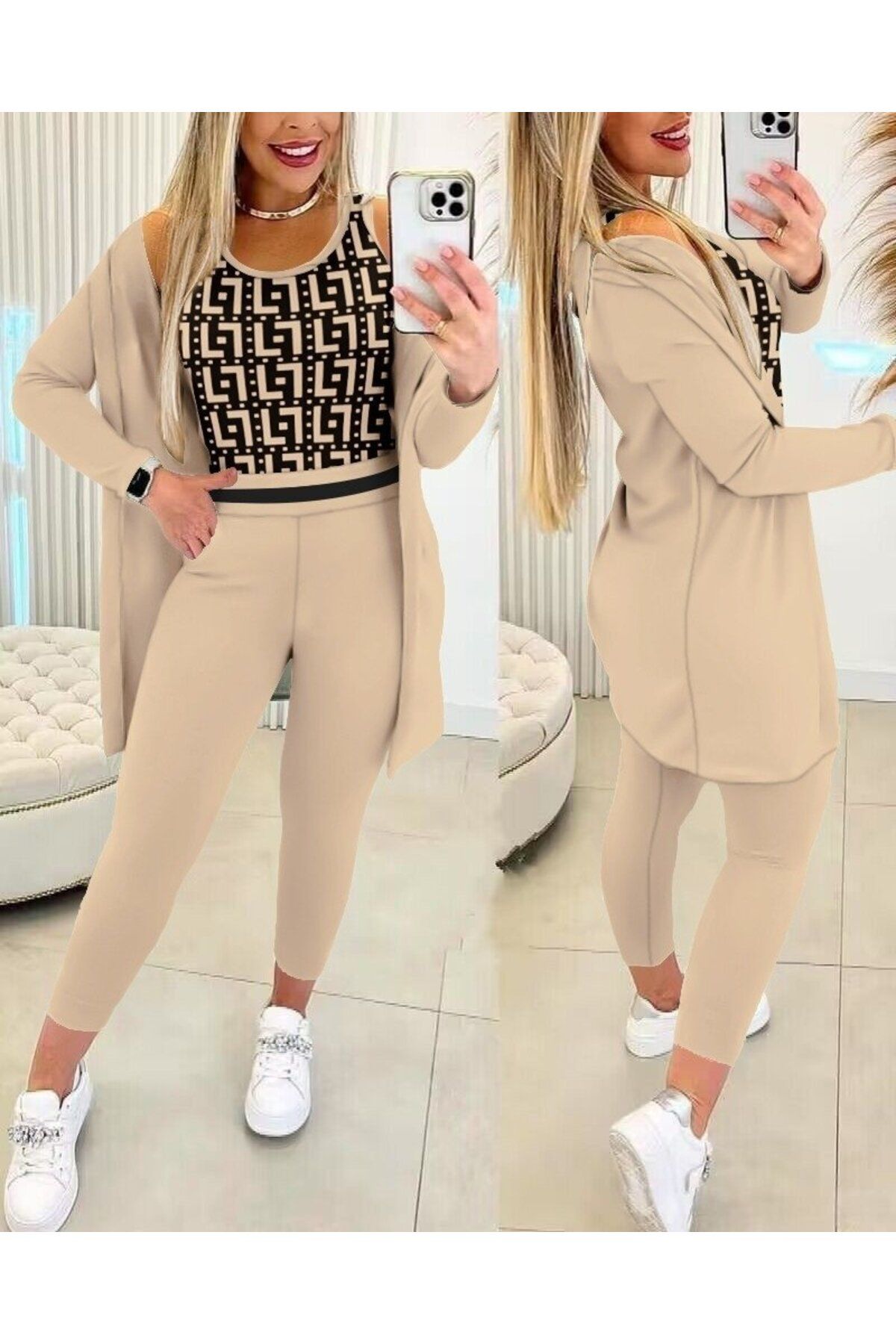 D&M Life Collection Kadın Uzun Kollu Krep üçlü Takım - S-M - Bej