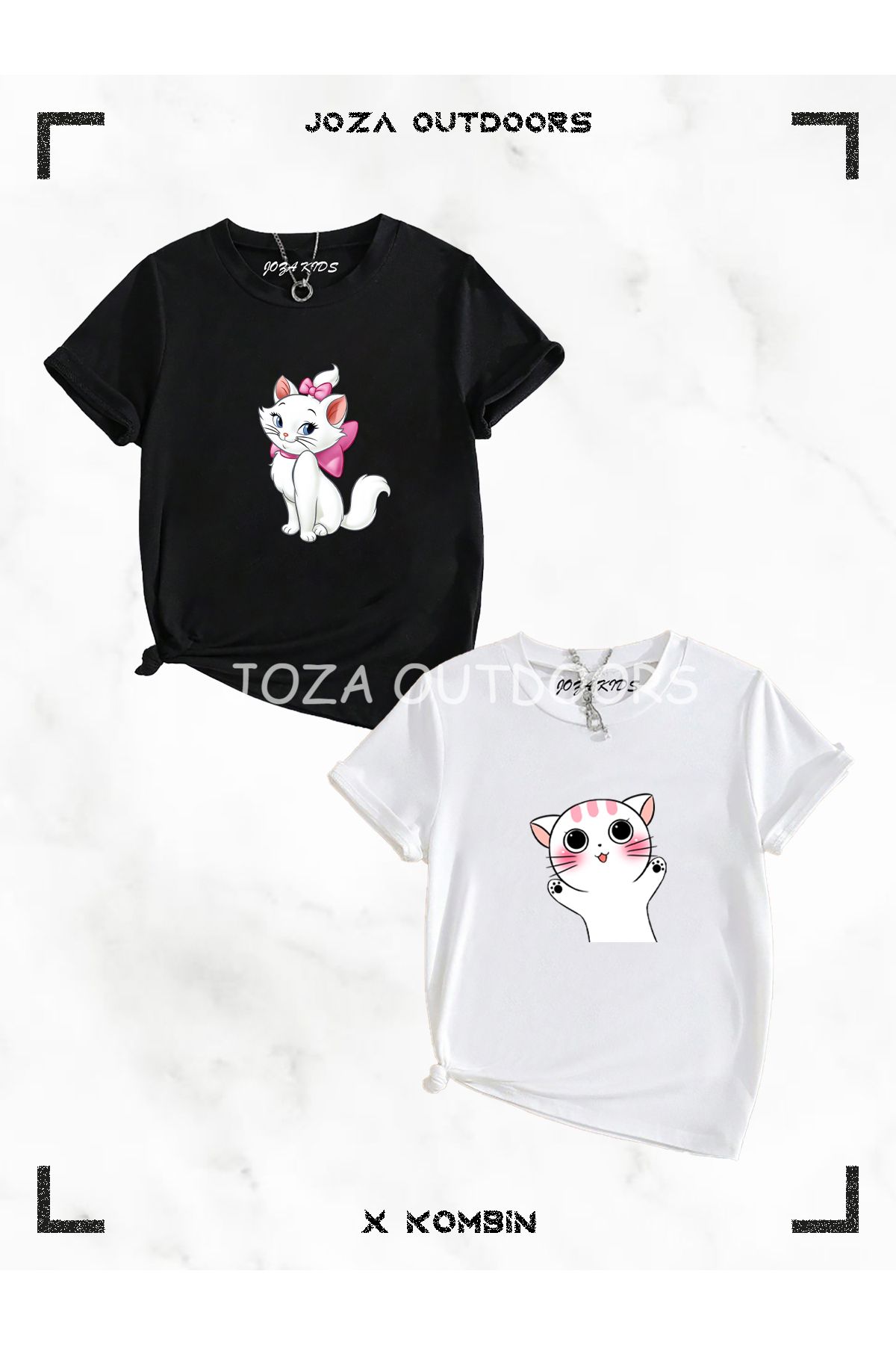 Jobia Outdoors Kız Kedi Baskılı Çocuk 2'li Siyah Beyaz T-shirt Set Takım