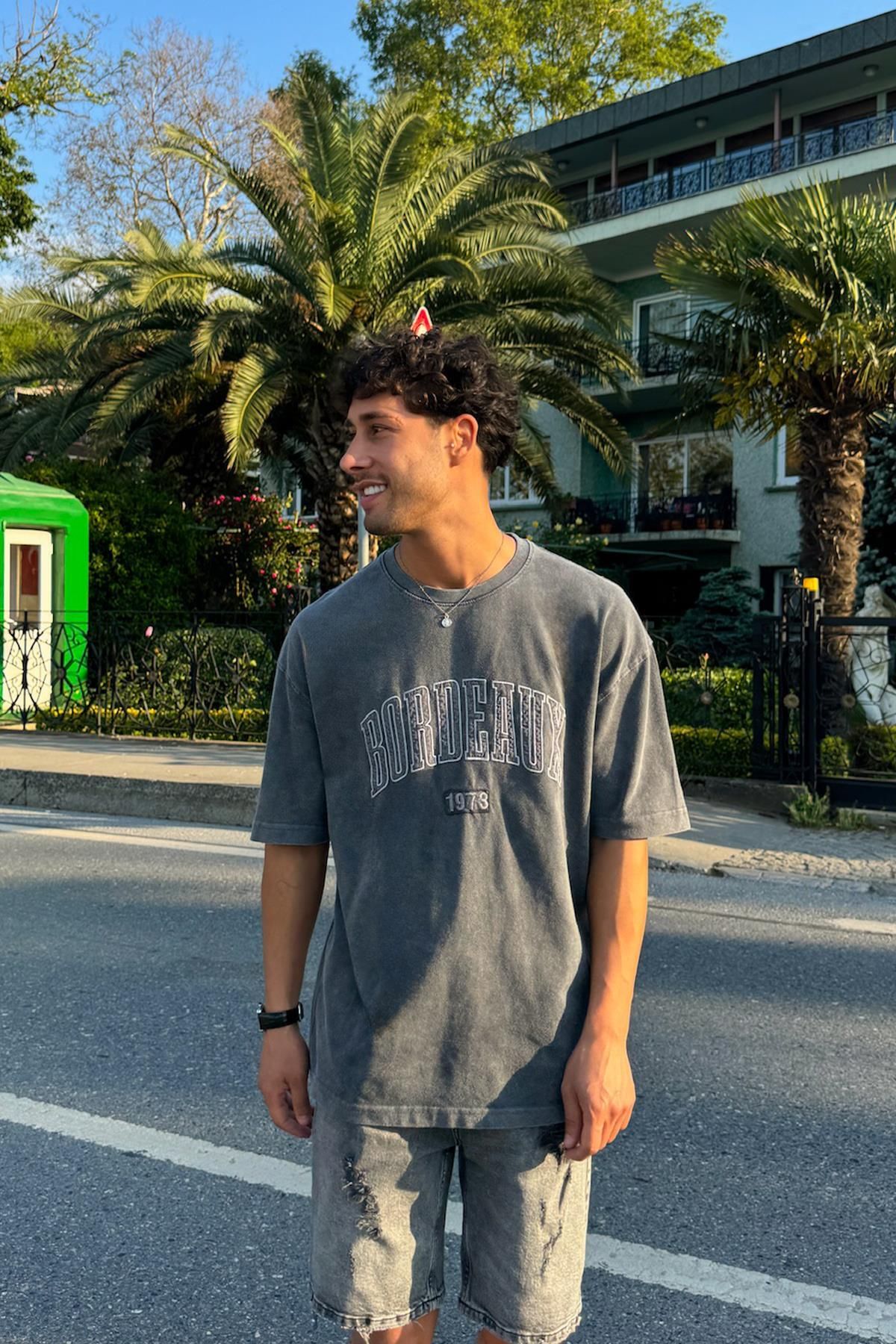 Flaw Wear Yıkamalı Bordeaux Nakışlı Tişört