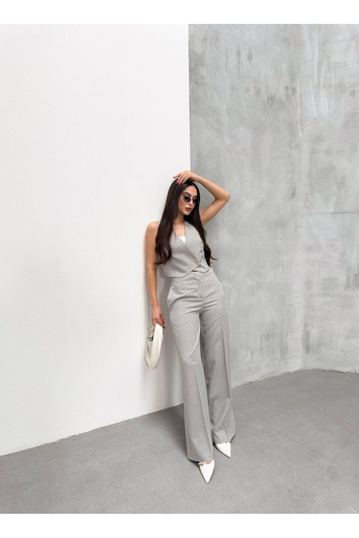 D&M Life Collection Toskana Çizgili Kruvaze Yaka Tek Düğmeli Yelek Pantolon Takim - M - A.Gri