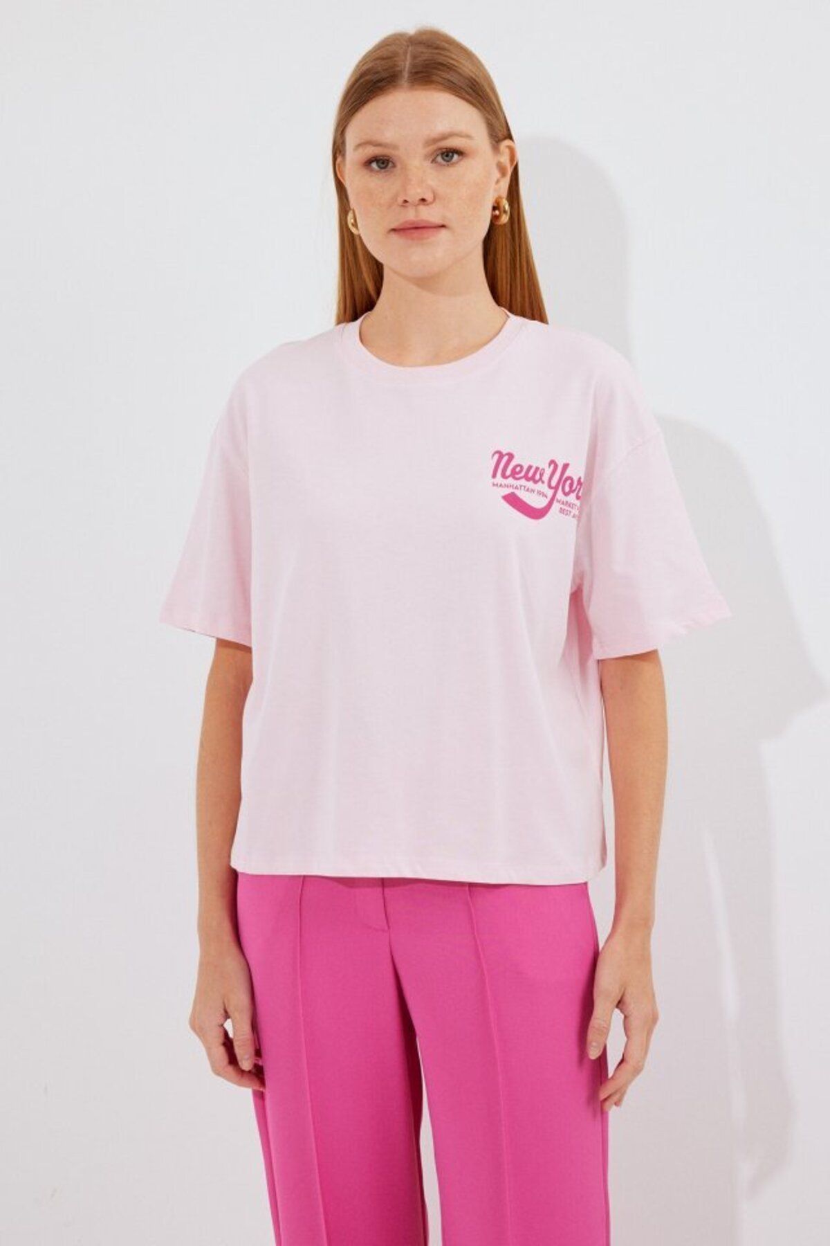 D&M Life Collection 4318 Baskılı Basic Tişört - Pudra - 40