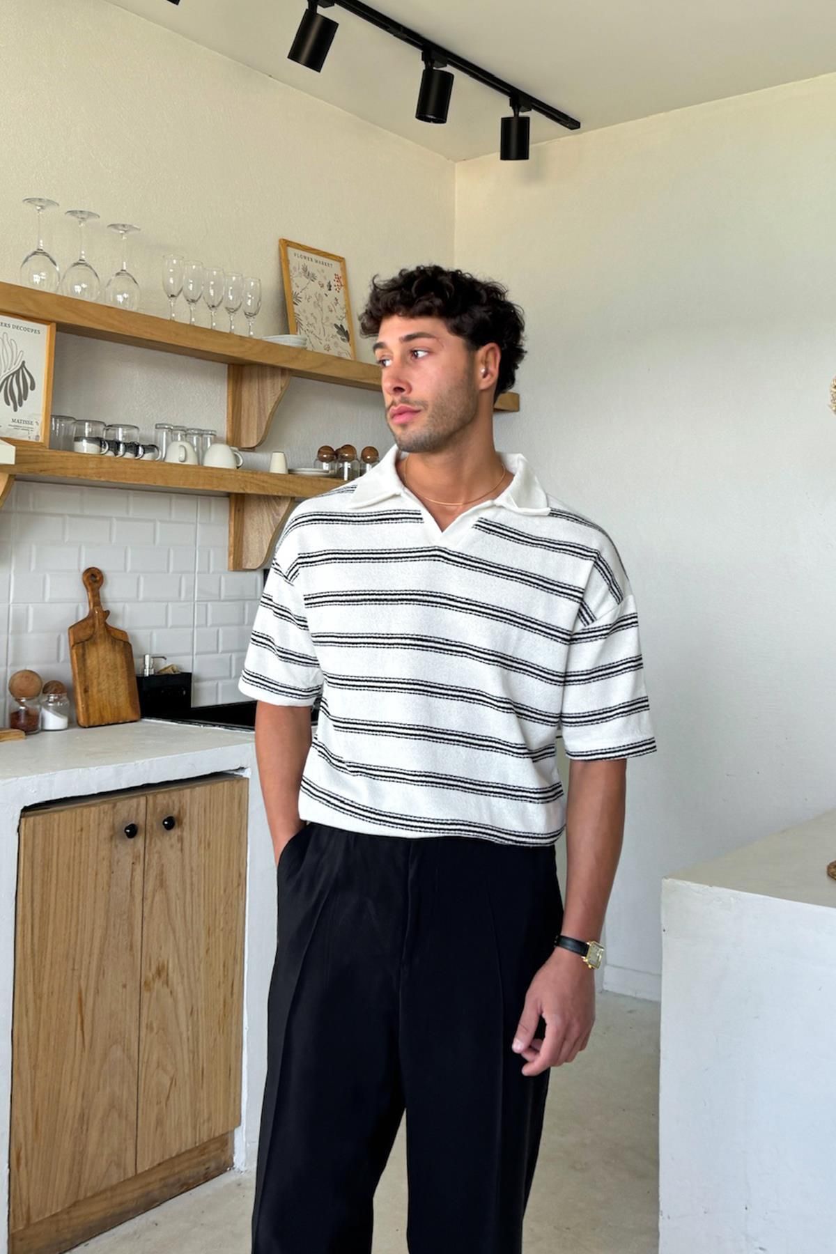 Flaw Wear Ekru Polo Yaka Çizgili Triko Tişört