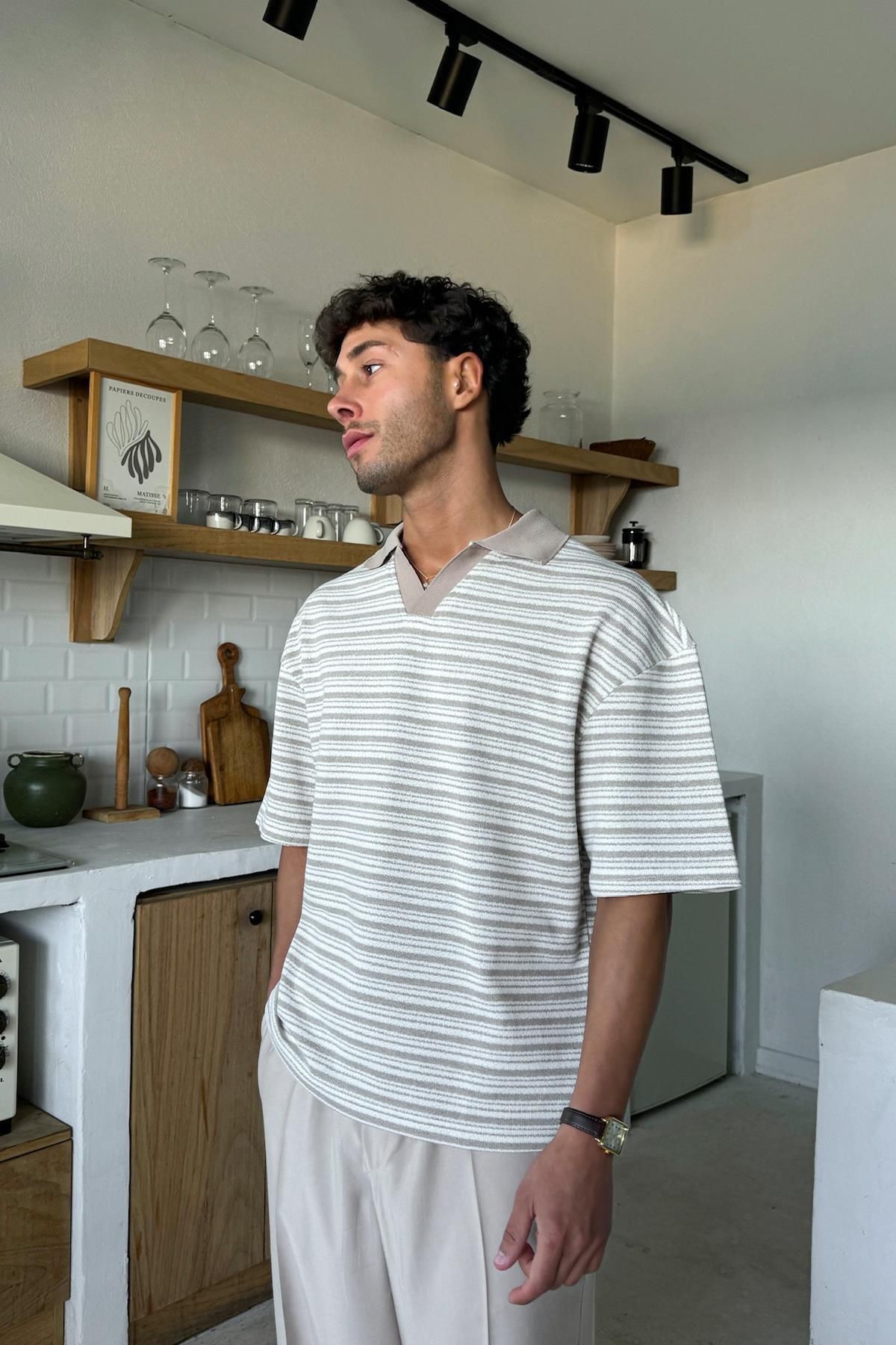 Flaw Wear Açık Kahve Polo Yaka Dokuma Çizgili Tişört