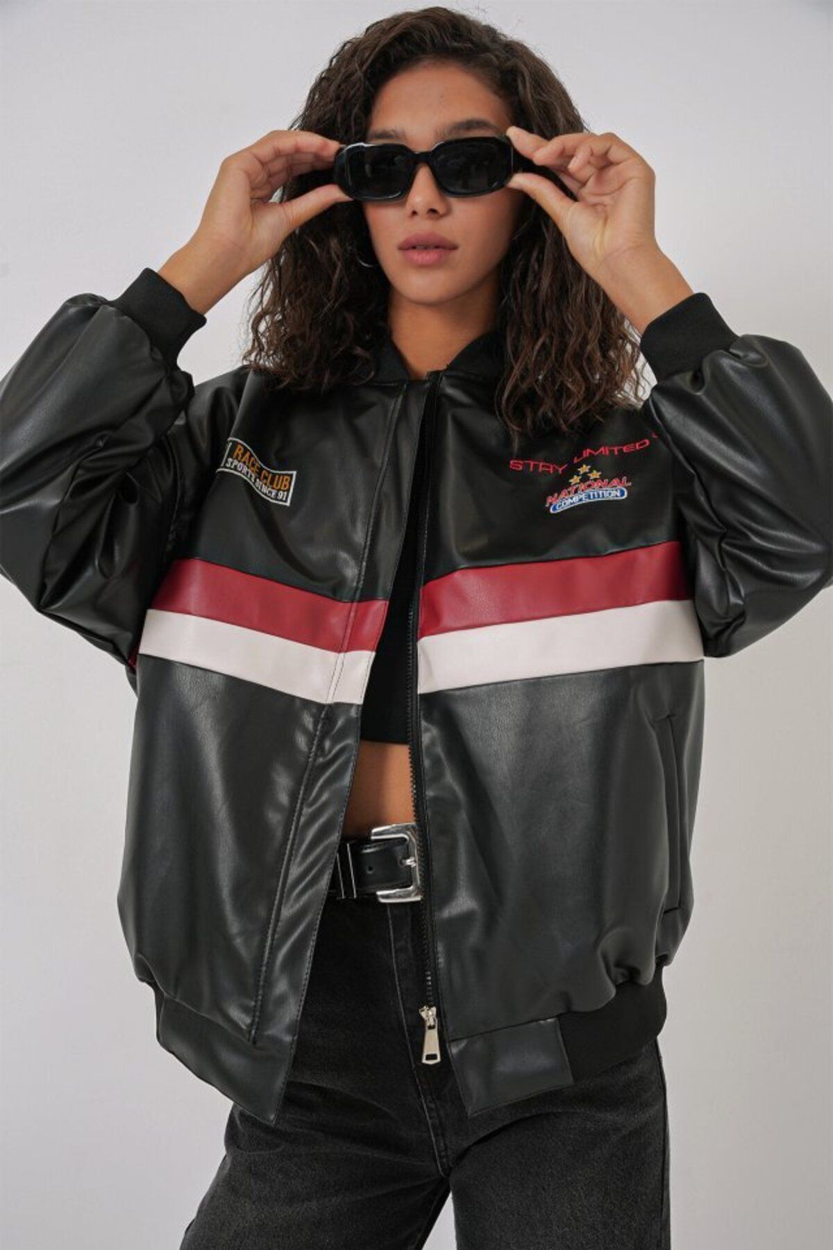 D&M Life Collection 0698 Baskılı Suni Deri Bomber Ceket - Siyah - 42 - Siyah