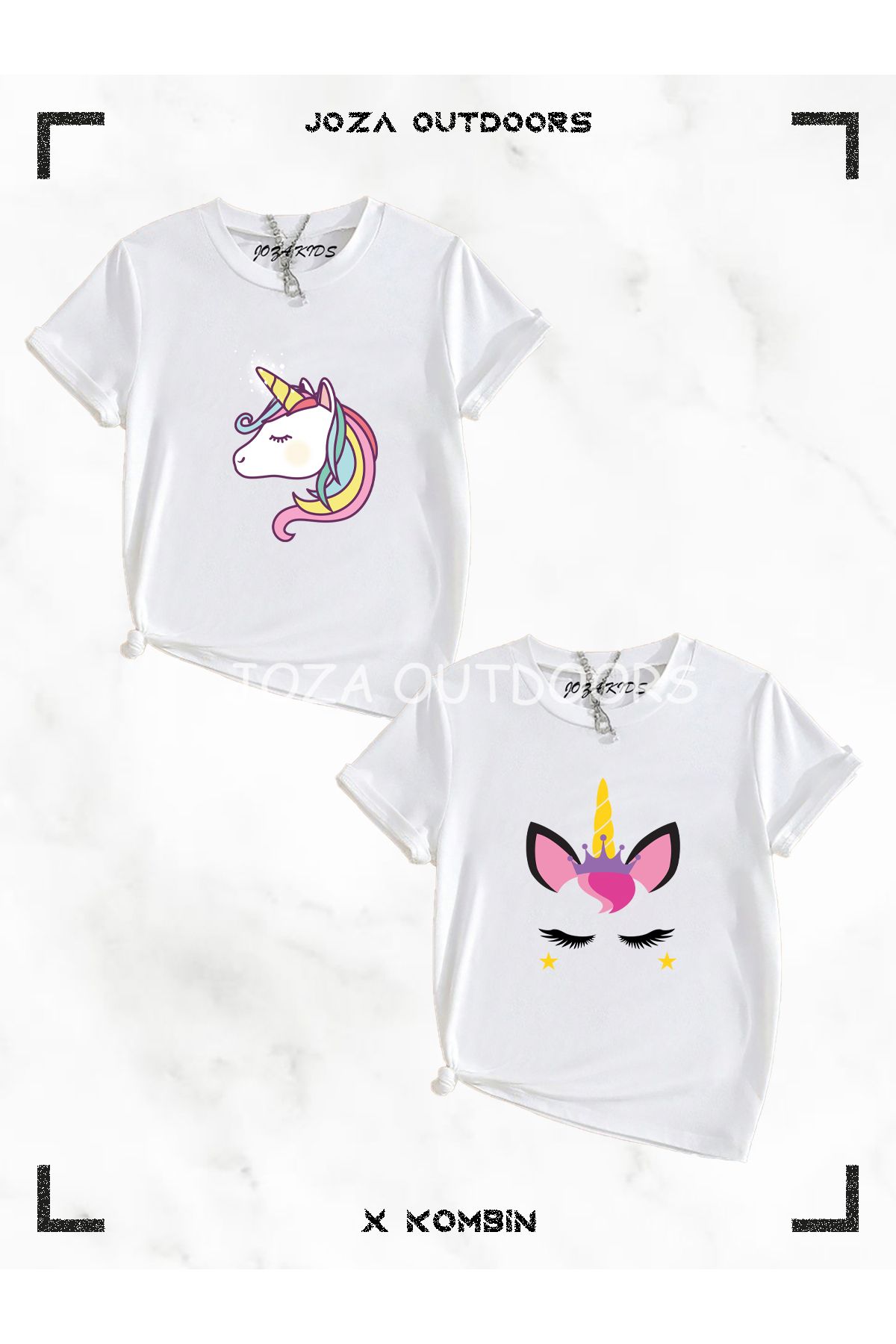 Jobia Outdoors Kız Unicorn Baskılı Çocuk 2'li Siyah Beyaz T-shirt Set Takım