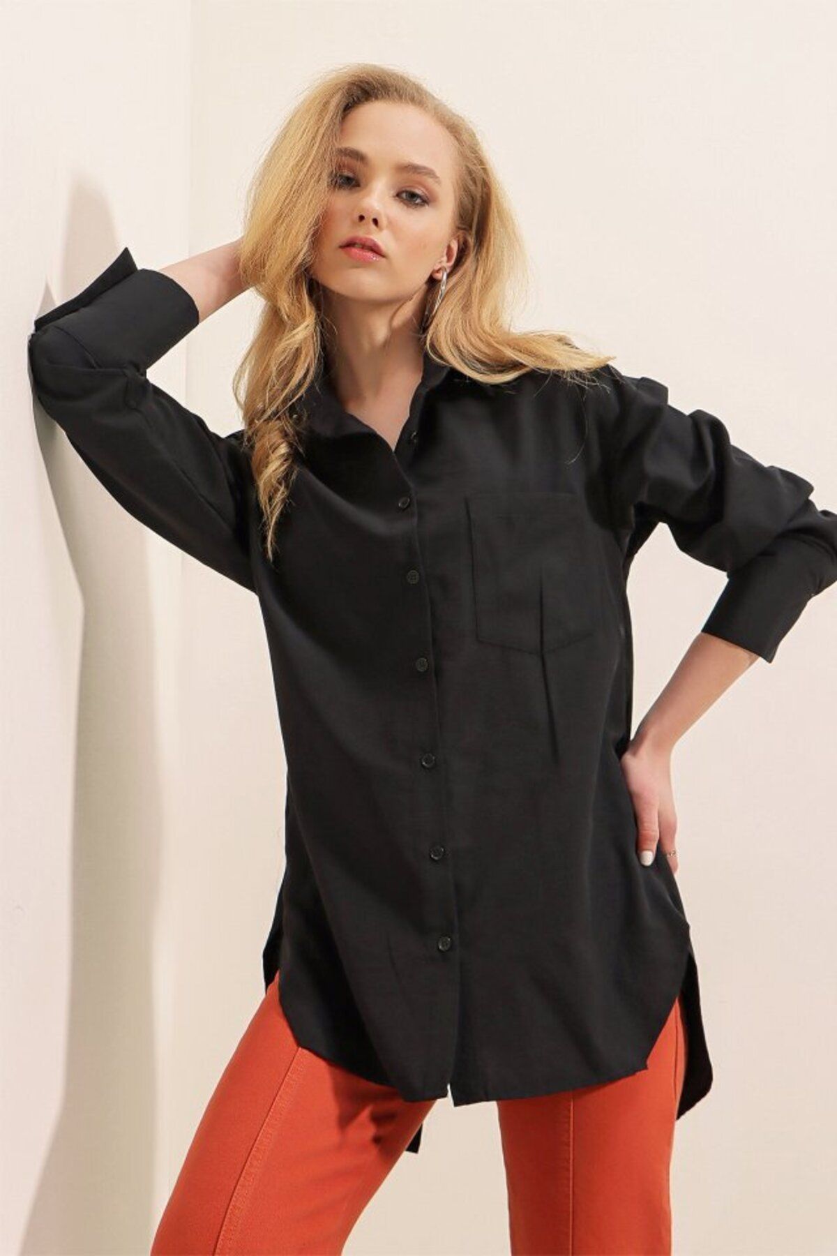 D&M Life Collection 3952 Arkası Düğmeli Boyfriend Gömlek - Siyah