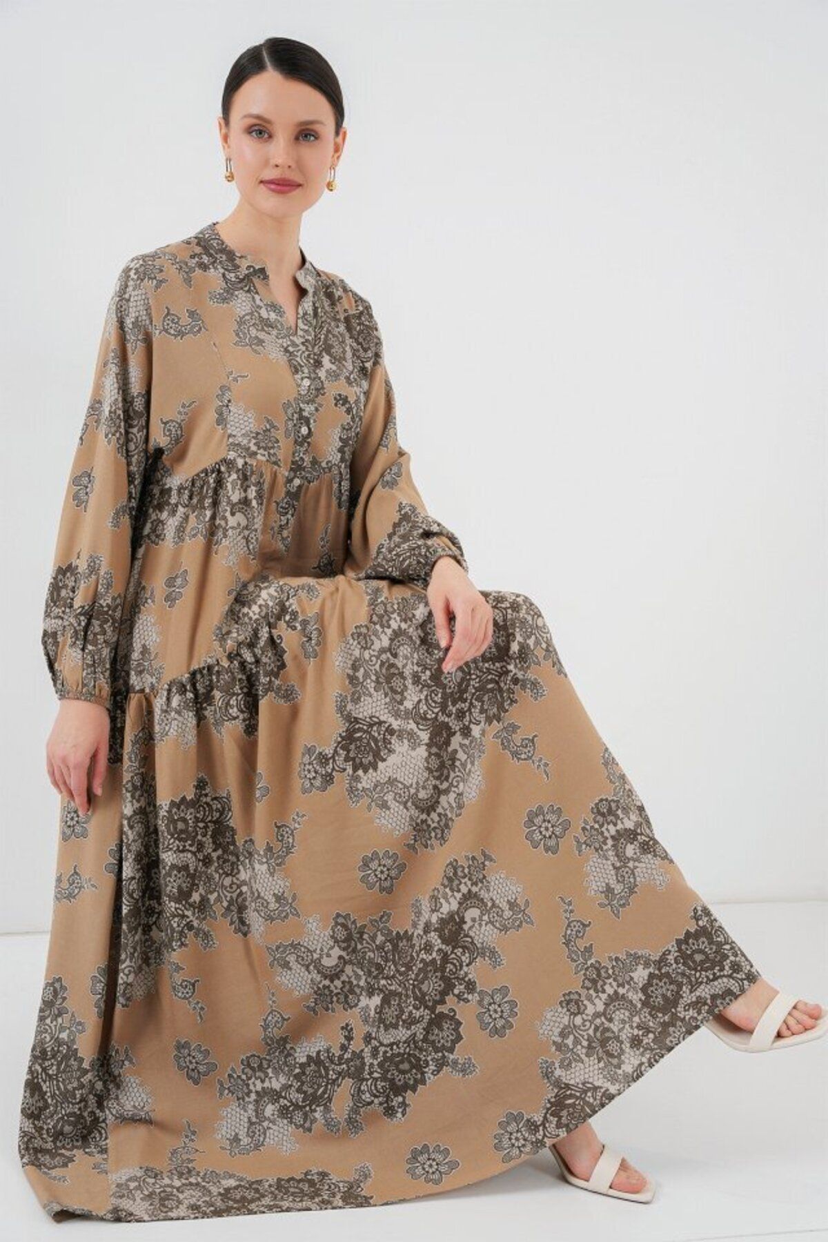 D&M Life Collection 2423 Otantik Desenli Tesettür Elbise - A. Vizon - 42