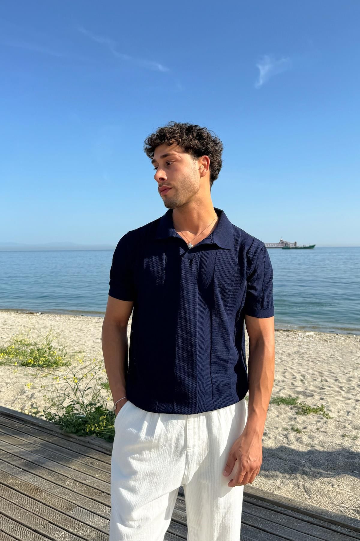 Flaw Wear Polo Yaka Dik Çizgili Triko Tişört